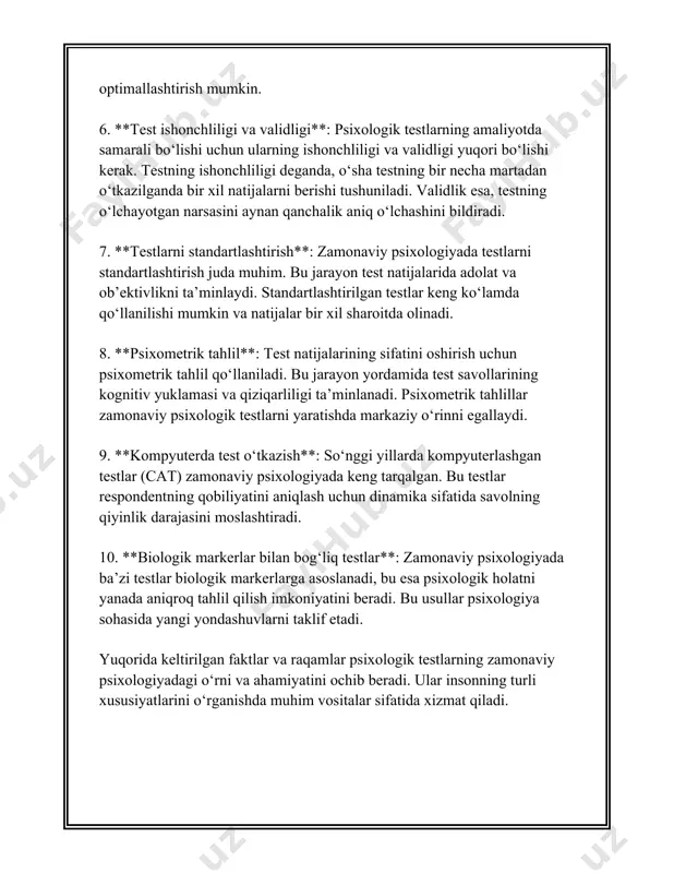 sning ma'naviy va axloqiy qarashlarini aniqlash uchun mo‘ljallangan. ko'pincha, maxsus metodikalar va amaliy muloqotlar yordamida amalga oshiriladi. 6. **savollar va javoblar testlari:** masalan, ko‘plab psixologik testlar savol-javob shaklida bo‘ladi va respondentning turli xususiyatlari yoki qobiliyatlarini baholashga qaratilgan. ushbu testlar o‘quvchilarning fikrlash qobiliyatlari, ishga bo‘lgan munosabati va boshqa shaxsiy xususiyatlarini baholashda ishlatiladi. psixologik testlarning qo‘llanilishi juda keng. ular kadrlar bo‘limida ishga kirishni xohlovchilarni baholash uchun, maktablarda o‘quvchilarning qobiliyatlarini aniqlashda, ruhiy salomatlik muammolarini aniqlashda, hamda shaxs yoshligini o‘rganishda qo‘llanilishi mumkin. testlar hamda ularning natijalari yuqori aniqlik darajasiga ega bo‘lishi uchun malakali psixologlar tomonidan o‘tkazilishi kerak. psixologik testlar chuqur ilmiy tadqiqotlar va metodologik asosga ega bo‘lib, ularni to‘g‘ri va ehtiyotkorlik bilan qo‘llash zarur. psixologik diagnostika jarayonida test natijalarini to‘g‘ri baholash va talqin qilish nihoyatda muhim, chunki ular asosida shaxsga nisbatan ma’lum tavsiyalar va chora-tadbirlar ishlab chiqiladi. shu sababli, testlar maxsus standartlar asosida ishlab chiqilgan bo‘lishi va barcha qonun-qoidalarga mos ravishda o‘tkazilishi lozim. umumiy …