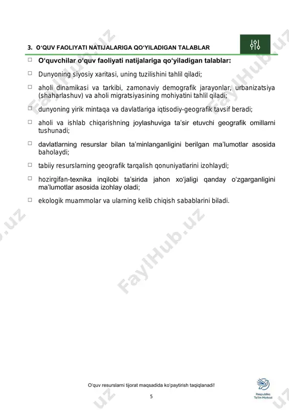ng maydoni bo‘yicha eng yirik va eng kichiklari. davlatlarning geografik o‘rni jihatidan tasniflanishi – orol, yarimorol, dengizbo‘yi, ichki kontinental mamlakatlar. jahon siyosiy xaritasidan oxirgi 25- 30 yildagi o‘zgarishlar - sobiq ittifoq va yugoslaviyaning parchalanishi, chexoslovakiyaning bo‘linishi, germaniyaning birlashishi,eritreya, sharqiy timor, janubiy sudanning mustaqillikka erishishi. jahon mamlakatlarning ijtimoiy-iqtisodiy rivojlanganligi bo‘yicha tasnifi. mamlakatlarning ijtimoiy-iqtisodiy rivojlanishi jihatidan tasniflash mezonlari. rivojlangan va rivojlanayotgan davlatlar, ularning asosiy guruhlari. o‘tish iqtisodiyotidagi davlatlar. mamlakatlarning boshqaruv shakli va davlat tuzilishi. respublika va monarxiya davlatlari, ularning tiplari. unitar va federativ davlatlar. ii bob. jahon tabiiy resurslari (5 soat) dunyoning tabiiy resurslari. tabiiy resurslar tushunchasi va ularning tasniflanishi. tabiiy resurslarning hududiy birikmasi. tabiiy resurslar bilan ta’minlanganlik tushunchasi. jahon mamlakatlarining tabiiy resurslar bilan ta’minlanganlik darajasi jihatidan guruhlashtirilishi. mineral resurslar geografiyasi. dunyoning yirik yoqilg‘i havzalari. qora va rangli metallar eng ko‘p tarqalgan hududlar. noruda foydali qazilmalar eng ko‘p tarqalgan hududlar. asosiy foydali qazilmalar (neft, tabiiy gaz, ko‘mir, temir ruda)ning eng katta zaxiralariga …