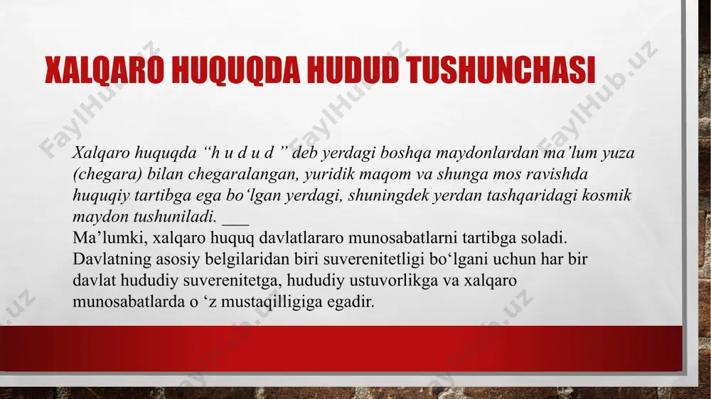 umlcin (anklav). anklav hududi tegishli davlat “anklav” iborasini o'rn ig a “eksklav” iborasi ishlatiladi. “anklav” iborasini esa boshqa davlatlar qo‘llashadi. anklav - boshqa bir davlatning hududi ichida har tomonidan o'ralgan va dengizga chiqish imkoni bo‘lmagan ikkinchi davlatning hududi. dengizga chiqish imkoniyati b o tg an anklavlar - yarim anklav deb ataladi. anklav misolida italiyada joylashgan vatikanni keltirish mumkin. masalan, yarim anklav sifatida malaziya va janubiy xitoy dengizi bilan o‘ralgan bruneyni, ispaniya va atlantika okean bilan o‘ralgan portugaliyani keltirish mumkin. shunday qilib, jo‘g ‘rofik joylashishidan va geologik tuzilishidan qat’iy nazar, barcha davlat hududida joylashgan quruqlik va uning yer osti boyliklari, ichki va tashqi suv havzalari xalqaro huquq normalariga binoan yagona davlat hududini tashkil etadi va ushbu hudud davlat suvereniteti ostida hisoblanadi. 1982-yilgi bmtning dengiz huquqi bo‘yicha.konvensiyasiga binoan sohildan 24 dengiz milyasigacha botgan barcha suvlar davlat suvereniteti ostida hisoblanadi (hududiy dengiz). xalqaro huquqda hududiy o‘zgarishlar okkupatsiya — vaqtinchalik bir davlatning hududini va …
