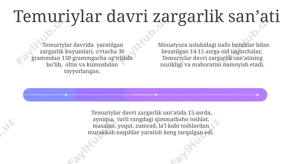 ʼati ham yuksak darajada rivojlangan boʻlib, turli xil rang va naqshlardagi 500 dan ortiq turdagi sopol buyumlar yaratilgan. temuriylar davri sanʼati oʻzining noyob miniatyuralari bilan mashhur boʻlib, 15-asrda 1000 dan ortiq qoʻlyozmalar yaratilgan, bu davrning yuksak badiiy mahoratini namoyish etadi. temuriylar davri musiqasi va raqsi add text add text add text add text add text add text temuriylar davrida 14-15-asrlarda maqomlarning rivojlanishi kuzatilgan bo'lib, ularning musiqiy tuzilmalari va ijro uslublari boy va xilma-xil edi. amir temur saroyida 100 dan ortiq musiqachi va raqqosa xizmat qilganligi tarixiy manbalarda tasvirlangan, bu davr musiqa va raqs san'atining yuksak darajasidan dalolat beradi. temuriylar davri raqs san'atida "falak", "chag'ana" kabi klassik raqs turlari mavjud bo'lib, ular milliy an'analar bilan birga xorijiy ta'sirlarni ham o'zida mujassam etgan. temuriylar davri miniatyurasi 01 02 03 miniatyuralarda tasvirlangan shaxslarning kiyimlari, oʻziga xos bezaklari bilan 15-16-asrlardagi timuriylar davri modasini aks ettiruvchi tafsilotlarga boy edi, taxminan 10 dan ortiq ranglardan foydalanilgan. …