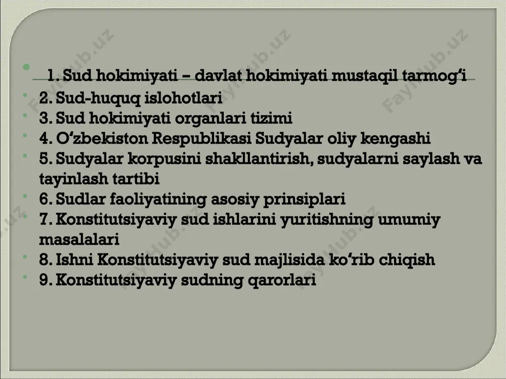 dlari, fuqarolik ishlari bo`yicha tumanlararo, tuman, shahar sudlari, jinoyat ishlari bo`yicha tuman, shahar sudlari, tumanlararo, tuman, shahar iqtisodiy sudlari va tuman, shahar ma`muriy sudlaridan iborat. konstitutsiyaviy sudning asosiy vazifasi, qonun chiqaruvchi va ijro etuvchi hokimiyatlarning hujjatlari konstitutsiyaga qanchalik mosligiga doir ishlarni ko‘radi. boshqacha qilib aytganda u konstitutsiyaning asosiy himoyachisidir. o‘zbekiston respublikasining konstitutsiyaviy sudi, sud tizimidagi alohida vazifa va vakolatlarga ega mustaqil sud tarmog‘idir. 2017-yil 31-maydagi qonunga asosan, konstitutsiyaviy sudni faoliyatiga taalluqli konstitutsiya normalariga jiddiy o‘zgartirishlar kiritilib, konstitutsiyaviy sudni tashkil qilish tartibi takomillashtirildi, vazifa va fakolatlar aniqlashtirildi. konstitutsiyaviy sud qonun chiqaruvchi va ijro etuvchi hokimiyat xarajatlarini konstitutsiyaga muvofiqligi to‘g‘risidagi ishlarni ko‘radi. konstitutsiyaviy sud o‘zbekiston respublikasi prezidentining taqdimiga binoan oliy majlisning senati tomonidan sudyalar oliy kengashi tavsiya etgan siyosat va huquq sohasidagi mutaxassislar orasidan qoraqalpog‘iston respublikasining vakilini qo‘shgan holda saylanadi. konstitutsiyaviy sud o‘z tarkibidan sud raisi va uning o‘rinbosarlarini saylaydi. konstitutsiyaviy sudga quyidagi vazifalar yuklangan - respublika qonunlarini, oliy majlis palatalari qarorlarini, …