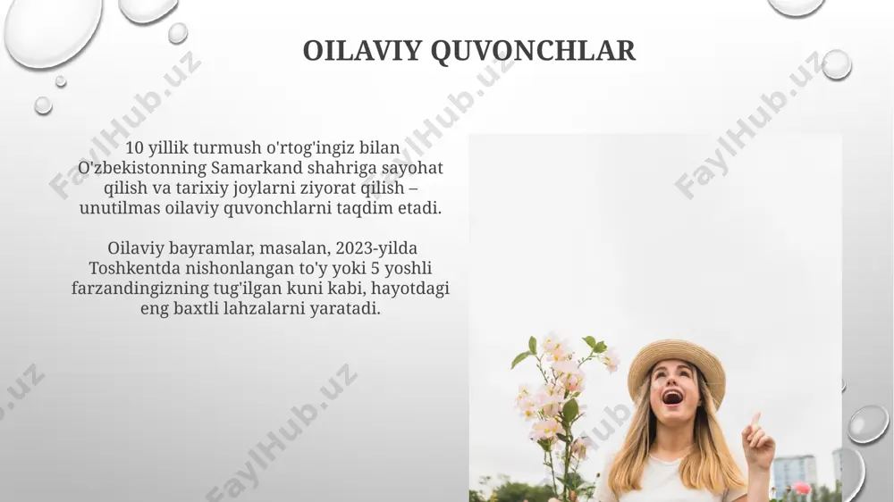 chimni oshirdi. maqsadlarga erishish 1000 ta kishi ishtirok etgan so'rovnoma natijalariga ko'ra, aqshning kaliforniya shtatida yashashni orzu qilgan 35% ishtirokchi o'z maqsadlariga 10 yil ichida erishgan. 2023-yilda toshkentda marralarga erishish hissiyotining 70%i o'z maqsadlariga 3 oy ichida erishgan 150 nafar ishtirokchi tomonidan tasvirlangan. muvaffaqiyatlar va yutuqlar farg'ona vodiysida joylashgan 1000 dan ortiq fermer xo'jaliklarining hosildorligini 2 barobar oshirish orqali erishilgan yutuqlar, zamonaviy qishloq xo'jaligi texnologiyalari qo'llanilishining samaradorligini ko'rsatadi. 2017-yilda toshkent shahrida o'tkazilgan xalqaro olimpiadada 5 nafar o'zbekistonlik talaba g'oliblikni qo'lga kiritdi, bu ulkan muvaffaqiyat va mamlakatimiz uchun katta yutuq bo'ldi. yaxshi odamlar bilan uchrashuvlar do'stona muhitda bo'lgan 10 kishilik guruhda o'tkazilgan 3 soatlik mashg'ulotlar natijasi shuni ko'rsatdiki, andijondan kelgan ishtirokchilarning 80% o'zlarini ancha baxtli his qilishgan va stress darajasi sezilarli darajada pasaygan. 2018-yildagi tadqiqotlar shuni ko'rsatdiki, 500 dan ortiq ishtirokchi orasida, toshkentda bo'lib o'tgan seminarlarda yangi do'stlar orttirganlarning 75 foizi hayotga nisbatan yanada ijobiy munosabatda bo'lishgan. e'tiboringiz uchun rahmat @taqdimot_robot …