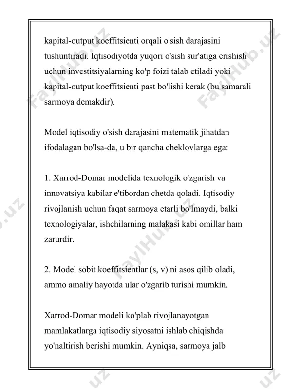 cdot l^{1-\alpha} \] bu erda \(\alpha\) - kapitalning ishlab chiqarishdagi ulushini ko‘rsatuvchi parametr (0 < \(\alpha\) < 1). 2. **kapitalning qimmatlashishi va yangilanib turishi**: kapitalning (k) o‘zgarishi asosan investitsiyalar (i) va amortizatsiya (d) bilan bog‘liq bo‘lib, quyidagi tenglama orqali ifodalanadi: \[ \delta k = i - dk \] bu yerda \(\delta k\) — kapitalning o‘zgarishi, \(d\) — amortizatsiya darajasi. 3. **iqtisodiy o‘sish omillari**: solou modeliga ko‘ra, iqtisodiy o‘sishni ta’minlovchi asosiy omillar quyidagilar: - **mehnat o‘sishi** (n): mehnat resurslari miqdorining o‘sishi. - **texnologik taraqqiyot** (g): uzoq muddatda yuqori iqtisodiy o‘sishni davom ettirish uchun texnologiyaning yangilanib turishi muhim ahamiyatga ega. modelda bu ko‘pincha ekzojen tarzda qabul qilinadi. 4. **muvozanat holatiga yetishish**: solou modelida uzoq muddatda iqtisodiyot bir muvozanat holatiga keladi, bu holatda odam boshiga kapital o‘zgarmaydi (ya’ni, har bir ishchi uchun kapital miqdori barqaror bo‘ladi). bu holatga "barqaror holat" deyiladi. 5. **barqaror holatda iqtisodiy o‘sish**: solou modelida iqtisodiyot barqaror holatga kelganda, odam …