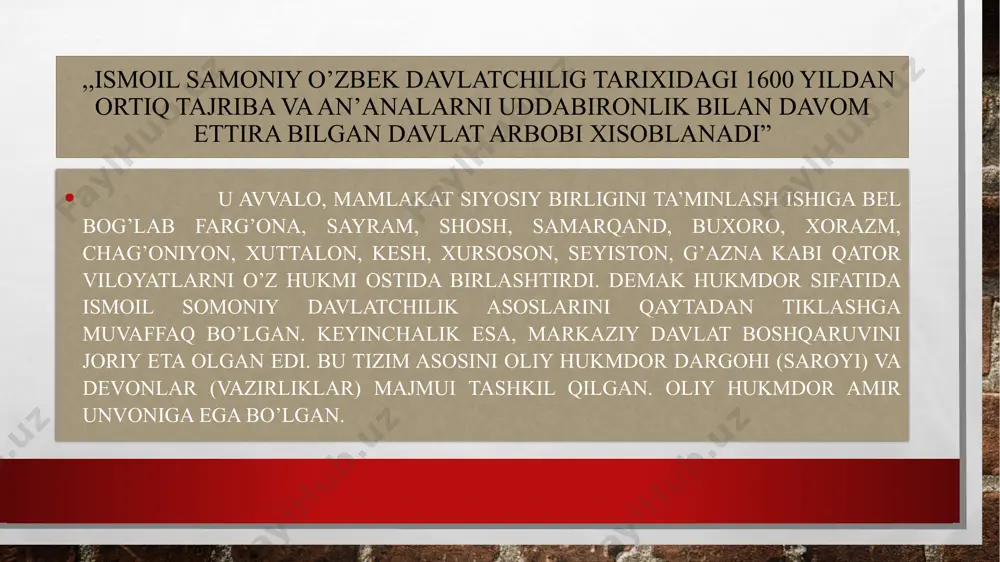 qurish, shahar qishloqlar obodonchiligi, dehqonchilik borasida g’amxo’rlik qilish, karvon yo’llari xavfsizligini ta’minlash, karvonsaroylar, turli maqsadlar uchun mo’ljallangan binolar, bozorlar, yangi shaharlar bunyod etish kabi katta va serxarajat, ko’pchilik bilan bitadigan tadbirlarga bosh-qosh bo’lib ketgan. shuning uchun ham bu davrda dehqonchilik, hunarmandchilikning ko’plab sohlar gulkirab rivojlanib, farovonlik hukm surgan. mazkur masalaga katta e’tibor bilan qarab kelinganini shundan ham bilsa bo’ladiki, xazinadagi umumiy yillik daromad 45million dirhamni tashkil etgan holda shundan 20 million dirham davlat boshqaruvi va lashkarga sarf etilgan. albatta, o’shanda ham poraxo’rlik, mansabni suiste’mol qilish kabi illatlar uchrab turgan. ammo davlat tizimida va lashkarga ketgan sarf-xarajatlar o’zini oqlagan. o’tgan asrlarda bo’lgani kabi farg’ona, qashqadaryo, zarafshon vodiylari, shosh, xorazm, xuroson viloyatlarida dehqonchilik ishlari yuksak darajada amalga oshirib borilib, bug’doy, arpa, sholi, paxta, tariq, zig’ir, kunjut, kanop, no’xat, mosh, yosmiq, beda kabi qator ekinlar yetishtirilgan. hosildorlik shu darajada bo’lganki, bir siqim don ekib, yuz siqim, hatto undan ham ko’p hosil olingan. bog’dorchilik, …