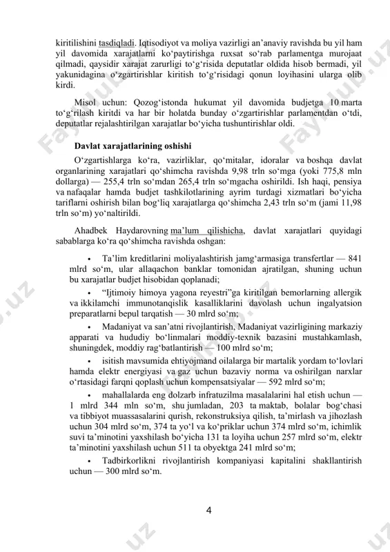tr ta’minotini yaxshilash uchun 511 ta obyektga 241 mlrd so‘m; · tadbirkorlikni rivojlantirish kompaniyasi kapitalini shakllantirish uchun — 300 mlrd so‘m. · oilaviy tadbirkorlik va kichik biznes loyihalarini kreditlash uchun davlat banklarining ustav kapitalidagi davlat ulushini oshirishga — 2,5 trln so‘m. ahadbek haydarovning so‘zlariga ko‘ra, yil oxirigacha budjet tashkilotlarida bo‘sh ish o‘rinlari hamda samarasiz yoki takroriy shtat o‘rinlarini qisqartirish hisobiga xarajatlarni 1 trln so‘mga optimallashtirish rejalashtirilgan. oktabr oyi oxirida prezident vazirlik va idoralarning boshqaruv va ishlab chiqarish personali shtatlarini 5,2 foizga qisqartirgandi. kam ta’minlangan oilalarni aniqlash mezonlarini qayta ko‘rib chiqish hamda “ijtimoiy adolat tamoyillari asosida” bolalar nafaqalari va moddiy yordamni qayta taqsimlash hisobiga 2 trln so‘m tejalishi kutilmoqda. shuningdek, 2024-yilda vazirlik va idoralarga rivojlantirish xarajatlari uchun ajratilgan mablag‘lardan 1,7 trln so‘m tejash ko‘zda tutilgan. tejalgan 4,1 trln so‘mni yuqoridagi yo‘nalishlar bo‘yicha qo‘shimcha xarajatlar uchun qayta taqsimlash ko‘zda tutilgan. vazirlar mahkamasining 14-martdagi qaroriga (hujjat ochiq manbalarda mavjud emas) muvofiq, ijtimoiy ishlab …