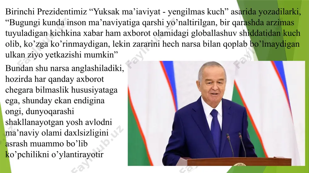 t tarmog’ida o’z joniga qasd qilishning oson yo’llarini targ’ib qiluvchi 9 mln, erotik mazmunga ega 4 mln.dan ziyod saytning mavjudligi har birimizni mushohada qilishga undashi tabiiy. mutaxassislar e’tiroficha, dunyodagi bolalar va o’smirlarning 42 foizi “onlayn-pornografiya” ta’siriga tushayotgan ekan. yoki kompyuterlarga kiritilgan o’yinlarniig 49 foizi zo’ravonlik va yovuzlikni, beshafqat urushlar, otishmalar, portlashlarni targ’ib qilishi nimadan dalolat beradi? yevropa mamlakatlarida internet ham umumevropa qonunchiligi, ham har bir davlatning o’z huquqiy-me’yoriy xujjatlari bilan tartabga solinadi. masalan: “kiber jinoyatlar to’g’risida”gi konvensiya, “voyaga yetmaganlar uchun xavfsiz internet to’g’risida”gi yevropa ittifoqi parlamenti assambleyasining tavsiyalari, germaniya, aqsh, buyuk britaniya, niderlandiya, fransiya kabi ilg’or davlatlarda voyaga yetmagan va yoshlarning axborot xavfsizligini ta’minlashga qaratilgan qonunlar shular jumlasidandir. internetni cheklab qo’yish yoki axborot olishni taqiqlash bilan muammo hal bo’lmaydi. bu xususda yana prezidentimiz “… yoshlarimiz nafaqat o’quv dargohlarida, balki radio – televideniya, matbuot, internet kabi vositalar orqali ham rang – barang axborot va ma’lumotlarni olmoqdalar. jahon axborot maydoni toboro kengayib …