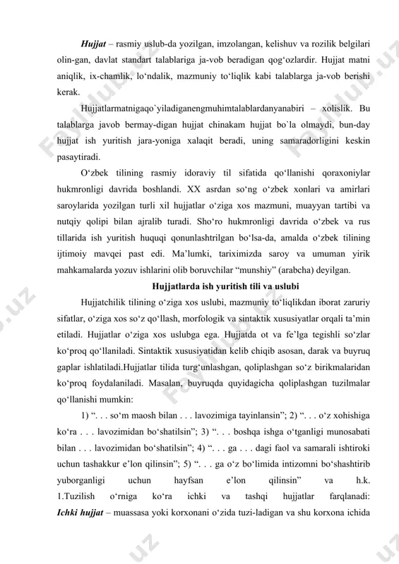 va samarali ishtiroki uchun tashakkur e’lon qilinsin”; 5) “. . . ga o‘z bo‘limida intizomni bo‘shashtirib yuborganligi uchun hayfsan e’lon qilinsin” va h.k. 1.tuzilish o‘rniga ko‘ra ichki va tashqi hujjatlar farqlanadi: ichki hujjat – muassasa yoki korxonani o‘zida tuzi-ladigan va shu korxona ichida foyda-laniladigan hujjatlardir. bularga xo-dimning shaxsiy vara-qasi, majlis bayonnomasi, ichki buyruq va boshqalar kiradi. yoki xizmat yozishmalarida mana bunday qoliplashgan so‘zlardan foydalanish mumkin:. 1) “sizga . . .ni ma’lum qilamiz”;“sizga . . .ni bildiramiz”; “sizga . . .ni eslatamiz”;2) “. . . yordam tariqasida . . .”, “. . . munosabat bilan . . . ”, “. . . qaroriga muvofiq ravishda . . .”3) “. . . ga zavod ma’muriyati qarshi emas”; “. . . ga zavod kafolat beradi” va h.k. o`zbek tilidagi hujjatchilik takomillashaborgani sari, bunday qoliplashgan birikmalar ham ko`payib, mukammalashib boradi. buning natijasida hujjatlarni tuzish va rasmiylashtirishishi ham bir qadar yengillashadi. anashu qoliplashgan birikmalarning ishtirokiga …
