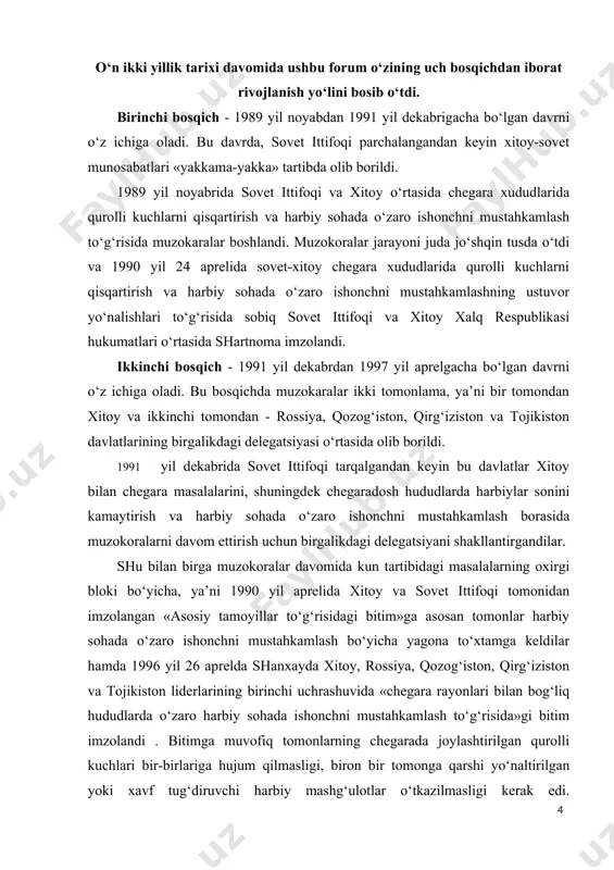 qo‘yildi. tomonlar chegaragacha bo‘lgan 100 km masofada o‘tkaziladigan muhim harbiy tadbirlardan bir-birlarini xabardor qilish; harbiy mashg‘ulotlarga qo‘shni davlat tomondan kuzatuvchilar taklif qilish; xavfli harbiy xarakatlardan ogohlantirish, chegarachilar va chegara hududlarga joylashtirilgan armiya harbiy xizmatchilari o‘rtasida o‘zaro do‘stona munosabatlarni mustahamlash bo‘yicha majburiyatlar qabul qildilar. beshta davlat boshliqlarining shanxaydagi ushbu uchrashuvida harbiy sohada o‘zaro ishonchni mustahkamlash haqidagi bitimni imzolash bilan birga «shanxay beshligi» doirasida har yili uchrashuv o‘tkazilib turishga kelishib olindi va bu uchrashuv mexanizmi «shanxay beshligi» forumi nomini oldi. bu forum doirasidagi ikkinchi uchrashuv moskvada 1997 yil 24-25 aprelda o‘tkazilib, unda bir tomondan xitoy, ikkinchi tomondan rossiya, qozog‘iston, qirg‘iziston va tojikiston mamlakatlari vakillarining birgalikdagi delegatsiyasi ishtirok etdi va chegara rayonlarida umummilliy manfaatlardan kelib chiqib «chegara rayonlarida qurolli kuchlarni qisqartirish to‘g‘risida»gi moskva bitimi imzolandi. xxrning faqat markaziy osiyo davlatlari bilan umumiy chegara uzunligi 3 700 km.ni , rossiyani ham qo‘shib hisoblaganda esa, tuzilmaga a’zo davlatlar o‘rtasidagi chegara chizig‘ining uzunligi 7000 km.ni tashkil …