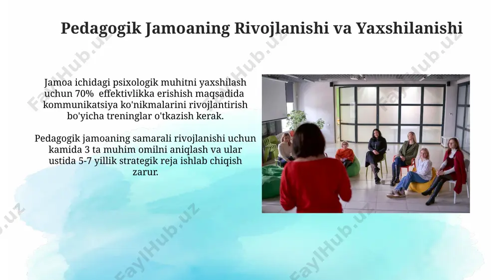 eladi. pedagogik jamoaning 50% i ijodiy loyihalarni amalga oshirishda faol ishtirok etadi, bu esa ta'lim sifatini 15-20% ga oshirishga olib kelishi mumkin. jamoa ichidagi munosabatlar psixologiyasi pedagogik jamoa ichidagi munosabatlar samaradorligini 30% ga guruh koheziyasi va o'zaro ishonch darajasi belgilaydi. ichki konfliktlar pedagogik jamoaning ish faoliyatiga 25% gacha salbiy ta'sir ko'rsatishi va stress darajasini oshirishi mumkin. o'z-o'zini boshqarish va o'z-o'zini tarbiyalash pedagogik jamoada 50% dan ortiq a'zolarning o'z-o'zini boshqarish va o'z-o'zini tarbiyalashga bo'lgan qiziqishi, ijobiy psixologik muhit yaratishga hissa qo'shadi. o'z-o'zini boshqarish ko'nikmalarini rivojlantirish, pedagogik jamoada stress darajasini 20% ga kamaytirishga va ish samaradorligini 15% ga oshirishga yordam beradi. e'tiboringiz uchun rahmat @taqdimot_robot image2.jpg image3.jpg image4.jpg image5.jpg image6.jpg image7.jpg image8.jpg image9.jpg image10.jpg image11.jpg image12.jpg image13.jpg image1.png