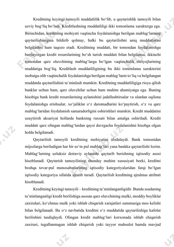 ditning ajralmas atributi hisoblanadi. kreditning keyingi tamoyili – kreditning ta’minlanganligidir. bunda ssudaning ta’minlanganligi kredit berilishiga asosan qarz oluvchining mulki, moddiy boyliklar zaxiralari, ko‘chmas mulk yoki ishlab chiqarish xarajatlari summasiga mos kelishi bilan belgilanadi. bu o‘z navbatida kreditni o‘z muddatida qaytarilishiga kafolat berilishini tasdiqlaydi. olingan kredit mablag‘lari korxonada ishlab chiqarish zaxirasi, tugallanmagan ishlab chiqarish yoki tayyor mahsulot hamda mavjud moddiy boyliklarni ta’minlash uchun beriladi. bu tamoyil asosan korxonalarga berilgan ssudalar yoki tomonlar majburiyatlari bilan real ta’minlanadi. o‘zbekiston respublikasida banklar faoliyati xalqaro banklar amaliyotiga yaqinlashib borayotgan sharoitda kreditning ta’minlanganligi bilan bir qatorda tovar-moddiy boylik va xarajatlardan tashqari garov, kafolat va kafi llik kabi shakllari ham amaliyotda keng qo‘llanilmoqda. bu holat bank risklarini kamaytirgan holda kreditlarning bankka o‘z vaqtida qaytishini ta’minlaydi. ssudaning o‘z vaqtida qaytarilishini ta’minlash uchun kredit shartnomasiga ko‘ra qarz oluvchi garovga ma’lum qiymatga ega bo‘lgan molmulkni qo‘yib rasmiylashtiradi. agar kredit oluvchi kreditni o‘z vaqtida qaytara olmasa, u holda garovni sotish choralari …