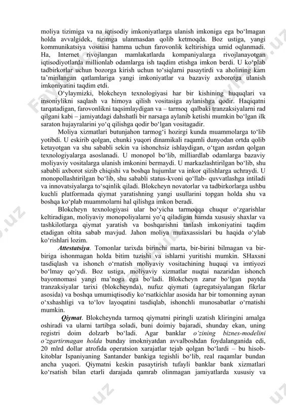 va texnologiyalar milliy instituti tomonidan chiqarilgan va axborotni qayta ishlash federal standarti sifatida qabul qilingan mashhur va puxta ishlab chiqilgan sha-256 standartida ishlaydi. blok echimini topish uchun zarur bo‘lgan ko‘p martalik matematik hisob-kitoblarni takrorlash murakkabligi hisoblash qurilmasidan masalani echish va yangi bitkoinlar ishlab topish uchun ko‘p elektr energyasi sarflashni talab qiladi. boshqa algoritmlar ancha kamroq energiya sarflaydi. bir-biriga kiritilganlik.iqtisodiyot hamma uchun ishlaganda eng yaxshi ishlaydi. bu unda ishtirok etish uchun to‘siqlarni pasaytirish lozimligini anglatadi. bu kapitalni qayta taqsimlash emas, balki qayta taqsimlangan kapitalizm uchun platforma yaratish kerakligini anglatadi. ilk internet davri ko‘plab odamlar uchun ko‘plab mo‘‘jizalar yaratdi. biroq, yuqorida aytib o‘tilganidek, dunyo aholisining katta qismi na texnologiyalarga, na moliya tizimiga va na iqtisodiy imkoniyatlarga ulanish imkoniga ega bo‘lmagan holda avvalgidek, tizimga ulanmasdan qolib ketmoqda. boz ustiga, yangi kommunikatsiya vositasi hamma uchun farovonlik keltirishiga umid oqlanmadi. ha, internet rivojlangan mamlakatlarda kompaniyalarga rivojlanayotgan iqtisodiyotlarda millionlab odamlarga ish taqdim etishga imkon berdi. u …
