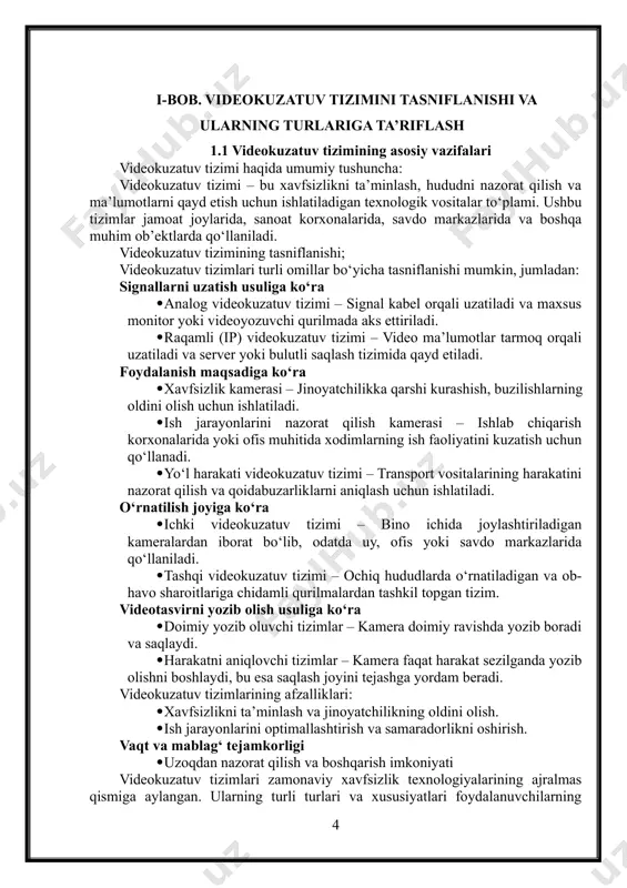 aneri bilan integratsiya qilinib, kirish nazorat qilinishi mumkin. · videokuzatuv tizimlari ish joylarida, jamoat joylarida va shaxsiy mulklarda nazorat tizimini o‘rnatishga yordam beradi. · ishchilar va tashrif buyuruvchilarning harakatlarini kuzatish orqali tartib va intizomni saqlash. · ish jarayonlarida mehnat intizomiga rioya etilishini nazorat qilish. · ofislar va sanoat obyektlarida xavfsizlik qoidalariga amal qilinishini ta’minlash. · savdo markazlari, aeroportlar, vokzallar va boshqa jamoat joylarida tartibni saqlash. · videokuzatuv orqali odamlarning to‘planishini kuzatish va favqulodda vaziyatlarda choralar ko‘rish. · sun’iy intellekt asosidagi tizimlar yordamida g‘ayritabiiy holatlar va janjallarni avtomatik aniqlash. · dalillarni qayd etish va saqlash · videokuzatuv tizimlarining eng muhim vazifalaridan biri – hodisalarni qayd etish va saqlashdir. · videoyozuvlar sud ishlarida yoki tergov jarayonlarida muhim dalil bo‘lishi mumkin. · yo‘l harakati qoidabuzarliklarini yozib olish orqali tartibni saqlash. · noqonuniy harakatlar yoki muammoli holatlar bo‘yicha dalillarni taqdim etish. · xodimlar va mijozlar bilan bog‘liq nizolarni hal qilish. · ish joylarida xodimlar …