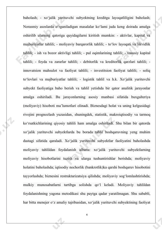aniqlash, iqtisodiy resurslardagi potensial o‘zgarishlarni baholash zarurligi qayd yetiladi. moliyaviy hisobotlarni bir paytning o‘zida turli davrlar bo‘yicha axborotlarni jamlashi ham ularning tahliliyligini ta’minlash uchun qilingan zaruriy talabdir. o‘zbekiston respublikasi iqtisodiyot vazirligi huzuridagi iqtisodiy nochor korxonalar ishlari qo‘mitasining “korxonalarning moliyaviy iqtisodiy ahvoli monitoringi va tahlilini o‘tkazish mezonlarini aniqlash tartibi to‘g‘risidagi qarori”ga muvofiq xo‘jalik yurituvchi subyektlarning iqtisodiy nochorligini baholashda quyidagi ko‘rsatkichlar tizimini o‘rganish tavsiya yetiladi: to‘lov layoqati yoki qoplash koeffitsiyenti; o‘z aylanma mablag‘lari bilan ta’minlanish koeffitsiyenti; korxona aktivlari va xarajatlari rentabelligi. yakuniy xulosani chiqarish yuzasidan quyidagi qo‘shimcha ko‘rsatkichlar o‘rganiladi: o‘z mablag‘lari va qisqa muddatli qarz mablag‘lari nisbati koeffitsiyenti; ishlab chiqarish quvvatlaridan foydalanish koeffitsiyenti; asosiy vositalarning yeskirish koeffitsiyenti. o‘zbekiston respublikasi vazirlar mahkamasining “davlat ulushi bo‘lgan aksiyadorlik jamiyatlari va boshqa xo‘jalik yurituvchi subyektlar faoliyati samaradorligini baholash mezonlarini joriy yetish to‘g‘risida”gi qarorida quyidagi ko‘rsatkichlarni baholashni tavsiya yetiladi. 1. samaradorlikning asosiy ko‘rsatkichlari: korxonaning foizlar, soliqlar va amortizatsiya summasi chegirilgunga qadar foydasi; xarajat va daromadlarning o‘zaro nisbati; …