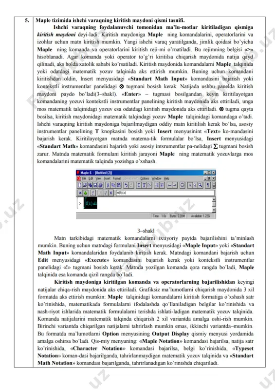 casscylindrical, confocalellip, confocalparab,..) 80. maple tizmida sirtlarni qurish (style=patch, hidden, color, black, patch, patchnogrid, contour, line, wireframe, patchcontour) 81. maple tizimining dasturlashtirish vositalari 82. maple tizimining tanlash operatori 83. maple tizimining parametrli takrorlash operatori 84. maple tizimining old shartli takrorlash operatori. takrorlashni boshqarish 85. maple tizimida funksiya hosil qilish vositalari 86. maple tizimida prosedura yaratish vositalari 87. maple tizimida student paketi bilan ishlash 88. maple tizimida sharti oldin kelgan sikl operatori (while…) 89. maple tizimida parametric sikl operatori (for…) 90. maple tizimida shartli o’tish operatori (if..) 91. funkksiyani tekshiring grafigini chizish jarayonini bajaring va nazariy izohlang 92. aniq integralni xisoblang(int, int, doubleint,tripleint,cahgevar,intparts): va nazariy izohlang 93. determinantni hisoblang (linalg,linearalgebra,det,determinant,array,matrix,matrix): va nazariy izohlang 94. a(n,m) matritsaning qo’simcha diagonal elementlarning eng kattasini topib, shu element joylashgan satrning barcha elementlarini chiqarish dasturini tuzing va nazariy izohlang 95. . funkksiyani tekshiring grafigini chizish jarayonini bajaring va nazariy izohlang 96. tenglamani yeching va tekshiring (solve …