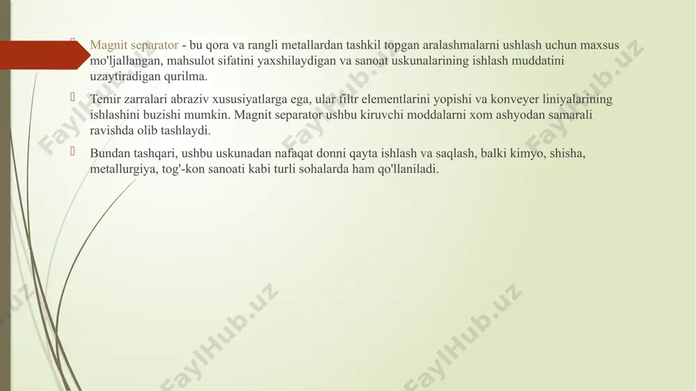 goritmga muvofiq amalga oshiriladi: kiruvchi metallolom eziladi. butun massa metall bo'lmaganlarni fraktsiyalarga ko'ra ajratish uchun doimiy magnitlar bilan jihozlangan ajratgichdan o'tadi. qolgan material rangli va qimmatbaho metallarni ajratishni osonlashtiradigan girdob oqimi ajratgichga yuklanadi. har bir turdagi burdalar mo'ljallangan maqsadiga muvofiq qayta ishlashga yuboriladi. don va boshqa sanoat tarmoqlari uchun ajratgichlar elektromagnit separatorni tanlash aniq vazifaga bog'liq. muayyan darajadagi ifloslanish maqbul bo'lgan hollarda, oddiyroq o'zgartirish etarli bo'lishi mumkin. biroq, oziq-ovqat va farmatsevtika kabi sohalar mikronlar kabi kichik qo'shimchalarni ushlay oladigan kuchli magnitlarni talab qiladi. magnit separatorlar sanoatning ko'plab sohalarida qo'llaniladi, jumladan: konlar, karerlar va tog'-kon korxonalari. don va qishloq xo'jaligi mahsulotlarini qayta ishlash zavodlari va fabrikalari . gips, shlak va shisha ishlab chiqarish. tegirmonlar va boshqalar. magnit separatorni qanday tanlash mumkin magnit separatorni tanlashda turli omillar, jumladan, kompaniyaning o'ziga xos talablari, qayta ishlanadigan xom ashyo turi va chiqindilarning umumiy massasidan ajratilishi kerak bo'lgan komponentlar hisobga olinadi. xulosa elektromagnit separatorlar sanoatda metall …