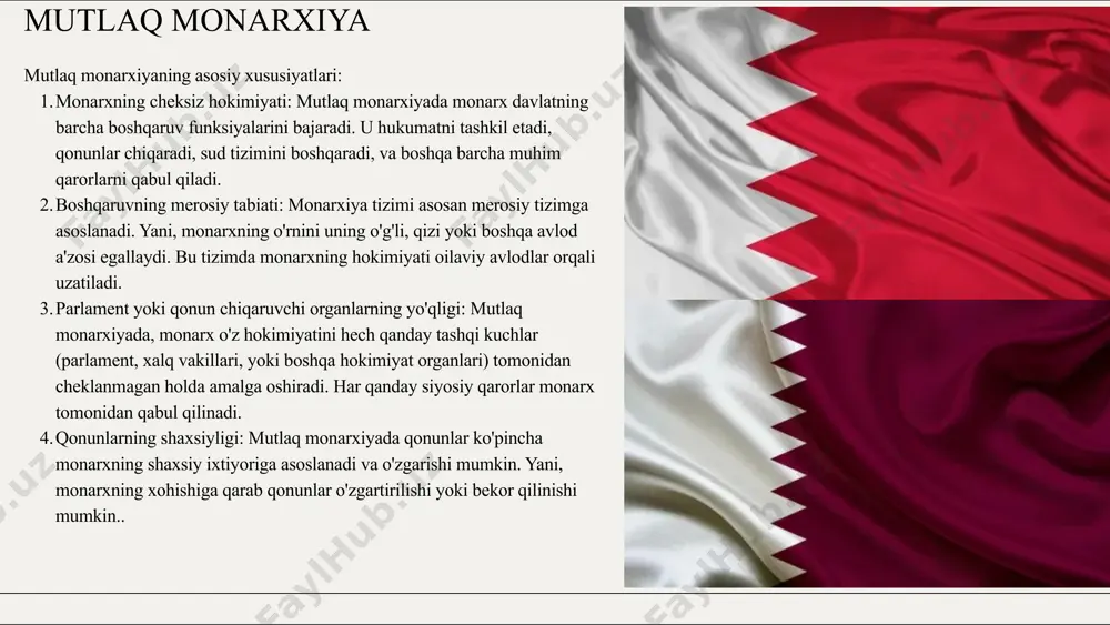 ri bilan birlashtiriladi va bu tizimda siyosiy boshqaruv diniy liderlikni mustahkamlashga qaratilgan. diniy qonunlar: bu tizimda diniy qonunlar (shari'at, to'rayt) davlat qonunlari sifatida amalga oshiriladi. hukumat va davlatning barcha faoliyatlari diniy ta'limotlarga mos ravishda boshqariladi. teokratik monarxiya respublika boshqaruv shakli respublika davlat boshqaruvining shunday shaklilki bunda davlat hokimyati aholi tomonidanmuayyan muddatga saylab qo’yiladigan organlar vadavlat boshlig’itomonidan amalga oshiriladi respublika belgilari :davlat boshlig’i va boshqa davlat organlarining muayyan muddatga saylab qo’yilishi,davlat boshlig’i hamda boshqa saylab qo’yiladigan organlarning saylovchilar oldida ma’sullidi va muayyan muddatga saylanishi va tayinlanishi ,davlat boshlig’ining qonunda belgilab qoyilgan holatlarda yuridik jihatdan javobgarligi ,davlat hokimyati davlat boshlig’i nomidan emas xalq nomidan amalga oshirilishi ,fuqarolar huquq va erkinliklarining davlat tomonidan himoya qilinishi va kafolatlanishi sotsialistik respublikalar:parijkommunasi(1871)sovetlar respublikasi(1917-1991),xalq demokratik respublikalari(xxr,bsr,kuba hozirgi kunda respublika shaklining asosan quyidagi turlari ajratilib ko’rsatiladi.bular parlamentar,prezidentlikva aralash respublikalardir. respublikaning quyidagi turlari mavjud parlamentar respublika; hozirg zamon davlat boshqaruvining bir tui bolib bunday respublikada hukumat parlamentga o’tkazilgani saylovlarda …