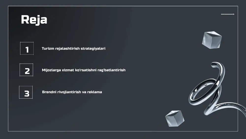 o'z ichiga oladi. onlayn marketing, ijtimoiy tarmoqlar va veb-saytlar orqali mijozlarga yetib borishni ta'minlaydi, oflayn marketing esa reklama, ko'rgazmalar va tadbirlarda ishtirok etishni o'z ichiga oladi. turizmda brend yaratish brend yaratish, turizm kompaniyasining o'ziga xosligini belgilashda muhim rol o'ynaydi. marketing aralashmasi, mahsulot, narx, joylashuv va reklama kabi elementlarni o'z ichiga oladi va ularni samarali tarzda birlashtirish orqali brendni rivojlantirishga yordam beradi. mijozlar bilan aloqa mijozlar bilan aloqa marketingning muhim jihatlaridan biridir. mijozlarning fikr-mulohazalarini tinglash va ularni hisobga olish orqali marketing strategiyalarining samaradorligini oshirish mumkin. innovatsiyalar va raqamli marketing raqamli marketingning turizmda o'rni raqamli marketing, turizm sohasida mijozlar bilan aloqani yanada kuchaytirish va brendning ko'rinishini oshirishda muhim rol o'ynaydi. internet orqali marketing strategiyalari orqali mijozlarga maqsadli reklama va takliflar taqdim etish imkoniyati mavjud. innovatsion texnologiyalar va ularning ta'siri innovatsion texnologiyalar, masalan, sun'iy intellekt va blokcheyn, turizmda xizmatlarni optimallashtirish va mijoz tajribasini yaxshilashda yordam beradi. bu texnologiyalar yordamida bizneslar samaradorlikni oshirib, xarajatlarni …