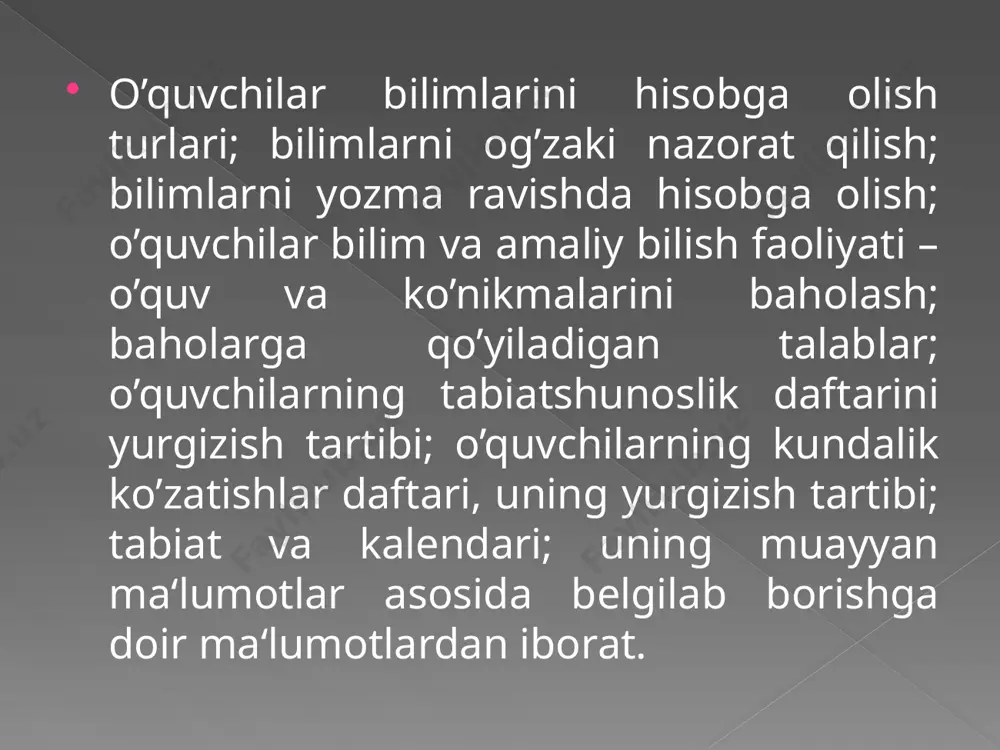 riladi. ular natijasi tabiat va mehnat kalendarida qayd qilib yuboriladi. kalendarni jonli bo’lishi uchun sarg’aygan, endi ochilgan barg va gullarni, odamlar mehnatini tasvirlovchi chizilgan suratlarni qo’yish lozim. kalendarga bir vaqtda 3-5 minut har kuni ko’zatishlar natijasini kiritib borish bolalarda turg’un qiziqish to’g’dirishini ta‘minlaydi. doskada chiqarilgan o’quvchining bergan axboroti jurnalda baholanadi va asosiy qismlari kalendarda qayd etiladi. foydalanadigan adabiyotlar: pakulova v.m. ko’znetsova v.i.”metodika prepodavaniya prirodovedeniya”. moskva “prosveshenie” 1990. grigoryants a.g. “tabiatshunoslikni o’qitish”. toshkent “o’qituvchi” 1992. belskaya ya.m. grigoryants a.g. “tabiatshunoslik darslari”. 3-sinf. “o’qituvchi” nashriyoti. toshkent, 1979. grigoryants a.g. sultonova s.a. 4-sinfda “tabiatshunoslik darslari”. toshkent “cho’lpon”, 2003. 5. www.ziyonet.uz image2.jpeg image3.jpeg /docprops/thumbnail.jpeg