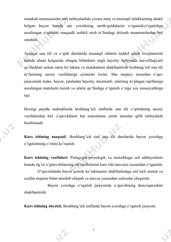 rayonida o’quvchining dunyoqarashini shakllantirish. kurs ishining obyekti. boshlang’ich sinflarda bayon yozishga o’rgatish jarayoni. kurs ishining predmeti. boshlang’ich sinflarda bayon yozishga o’rgatishing tizimini tashkil etadi. kurs ishining metodik asosi. 1-4 sinflarda bayon yozishga o’rgatish jarayonidagi asosiy ta’limiy metodlarni qo’llay bilish ko’nikmasi. mavzuga oid adabiyotlarni o’rganishga asoslangan nazariy tarixiy tahlillar, tajribalar, kuzatishlar, suhbatlar. respublikada foydalanilayotgan o’quv qo’llanmalari va hokazolardan foydalanildi. kurs ishining amaliy ahamiyati: kurs ishi natijalaridan boshlang’ich sinf ona tili darslarining sifatini oshirishda pedagogika oliy ta’lim yo’nalishi talabalari kurs ishlari tayyorlashda foydalanishlari mumkin. kurs ishining tuzilishi: ushbu kurs ishi kirish, 2 bob, 4 ta paragraf, xulosa va tavsiyalar, foydalanilgan adabiyotlar hamda ilovalardan iborat bo’lib, betni tashkil etadi. i bob boshlang’ich sinflarda bayon yozishga o’rgatishning ahamiyati 1.1 bayonning bolalar nutqini oʻstirishdagi ahamiyati bayon arabcha so’zdan olingan bo’lib, 1) voqea, hodisa, fikr, mulohaza va shu kabilarning ogʻzaki yoki yozma ifodasi; 2) matnni oʻqib yoki aytib berilganlar asosida yozib chiqilgan ish degan ma’nolarni anglatadi. …