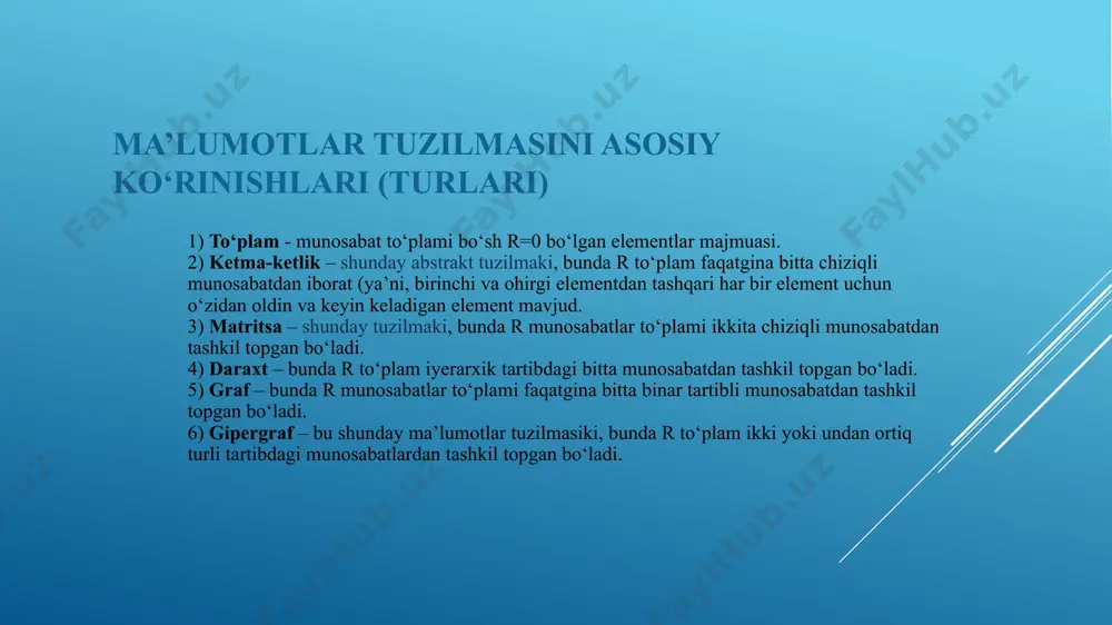 hash" qiymatiga asoslanib saqlanadi. odatda kiritish va qidirish operatsiyalari tez amalga oshiriladi. 4. jadvallar (tabular) tuzilmalar: matritsalar (matrices): o'lchamlari (m x n) bo'lgan ikki o'lchovli massiv. har bir elementga qator va ustun orqali murojaat qilinadi. data frames: ma'lumotlar tahlili va statistikada ishlatiladigan tuzilmalar, masalan, pythonning pandas kutubxonasi va r dasturlash tilida. 5. ma'lumotlar tuzilmalarining kombinatsiyasi: heap (x heap): maxsus tuzilma bo'lib, eng katta yoki eng kichik elementni tez topish imkonini beradi. binomial heap, fibonacci heap kabi turlari mavjud. 6. kuzatuv va raqamli tuzilmalar: trie: matnlarni va so'zlarni samarali saqlash uchun ishlatiladigan daraxt shaklidagi tuzilma. b-trees, b+ trees: ma'lumotlar bazalari va fayl tizimlarida tezkor qidiruv va tartibga solishni ta'minlash uchun ishlatiladi. algoritm algoritm - bu muammoni hal qilish uchun aniq ketma-ketlikda berilgan ko'rsatmalar to'plami. algoritmni huddi ovqat pishirish uchun berilgan reseptga o'xshatish mumkin. bir muammoga bir nechta yechim - algoritm bo'lishi mumkin. algoritmlar bir-biridan tezligi va qancha xotira egallashi bilan farq …