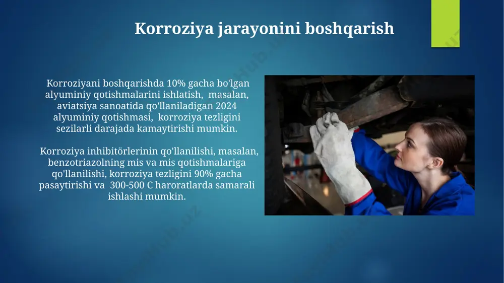 adli korroziyasi yordamida, masalan, 5-10 mikrometr qalinlikdagi oksid qatlami hosil qilish orqali, metallarning sirtini himoya qilish mumkin, bu esa angren shahridagi sanoat korxonalarida keng qo'llaniladi. elektrokimyoviy korroziya jarayonlari suv o'tkazmaydigan qoplamalarni hosil qilishda, misol uchun, 3-5 mm qalinlikdagi qatlam hosil qilishda va 1000 kvt dan ortiq quvvatli energiya tizimlarida ishlatiladi. e'tiboringiz uchun rahmat @taqdimot_robot image6.jpg image7.jpg image8.jpg image9.jpg image10.jpg image11.jpg image12.jpg image13.jpg image14.jpg image2.png image3.png image4.png image5.png