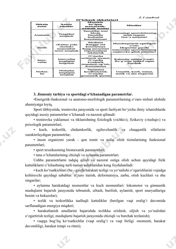 , bu shkalaning nolinchi nuqtasi ixtiyoriy tanlanadi. bunga misol sifatida kalendar vaqti (turli kalendarlarda yilni sanoq boshi tasodifiy sabablarga ko‘ra belgilangan), harorat, ko‘tarilgan yukning potensial energiyasi, elektr maydon potensiali va boshqalarni keltirish mumkin. masalan, mashq paytida birinchi sportchining tana harorati 39,2°; ikkinchisining harorati 39,5°; uchinchisiniki esa 39,7°; bo’lishi mumkin. intervallar shkalasida o’lchov birliklari (gradus, soniya, kilogramm va boshqalar) belgilangan. o’lchanayotgan obyektning ko‘rsatkichi o’lchov birligiga nisbatan ifodalangan son orqali ifodalanadi. nisbatlar shkalasi. bu shkala intervallar shkalasidan faqatgina nolinchi nuqtasi aniq belgilanganligi bilan farq qiladi. shu tufayli nisbatlar shkalasi o’lchashlar va kuzatishlar natijalariga qayta ishlov berish uchun foydalaniladigan matematik apparatga hech qanday chegaralar qo‘ymaydi. sport amaliyotida nisbatlar shkalasi bo‘yicha masofani, kuchni, tezlikni va boshqa o‘nlab ko‘rsatkichlarni o’lchash amalga oshiriladi. nisbatlar shkalasi va intervallar shkalasi bo‘yicha sanalgan (hisoblangan) sonlar farqi sifatida hosil bo’lgan kattaliklar ham o’lchanadi. chunonchi, kalendar vaqti intervallar shkalasi va vaqt oraliqlari esa nisbatlar shkalasi bo‘yicha hisoblanadi. 2.1 - jadvalda o’lchash …