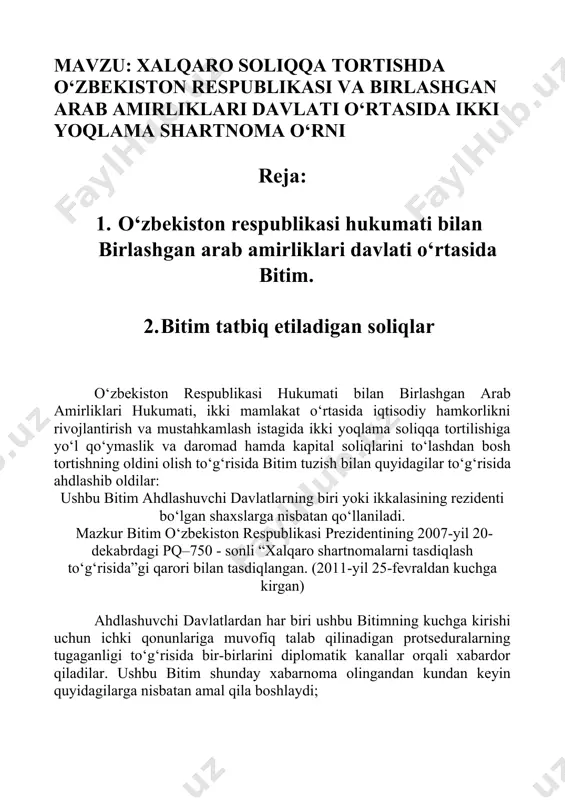 alliy hokimiyat organlari yoki mahalliy hukumatlari tomonidan undiriladigan daromad va kapital soliqlariga tatbiq etiladi. 2. daromad va kapitalga solinadigan soliqlarga jami daromadga yoki umumiy kapitalga, yoxud daromad yoki kapitalning bir qismiga solinadigan barcha soliqlar taalluqli bo‘lib, bunga ko‘char va ko‘chmas mulkni boshqa shaxsga berishdan olingan daromadlar, korxonalar tomonidan to‘lanadigan ish haqi yoki maoshning umumiy miqdoriga solinadigan soliqlar, shuningdek kapital qiymatining o‘sishidan olingan daromadlarga solinadigan soliqlar ham kiradi, 3. ushbu bitim tatbiq etiladigan amaldagi soliqlar, xususan quyidagilardir: a) o‘zbekiston respublikasiga nisbatan: i) yuridik shaxslar daromadi (foydasi)dan olinadigan soliq; ii) jismoniy shaxslarning daromadlaridan olinadigan soliq; iii) mol-mulk solig‘i: (bundan keyin “o‘zbekiston soliqlari” deb ataladi); b) birlashgan arab amirliklariga nisbatan: i) jismoniy shaxslarning daromadlaridan olinadigan soliq; ii) korporativ soliq; (bundan keyin “birlashgan arab amirliklari soliqlari” deb ataladi). 4. ushbu bitim 2-bandda qayd qilingan mavjud soliqlar o‘rniga yoki shu bitim imzolangan sanadan so‘ng har bir ahdlashuvchi davlat tomonidan undiriladigan qo‘shimcha yoki har qanday bir …