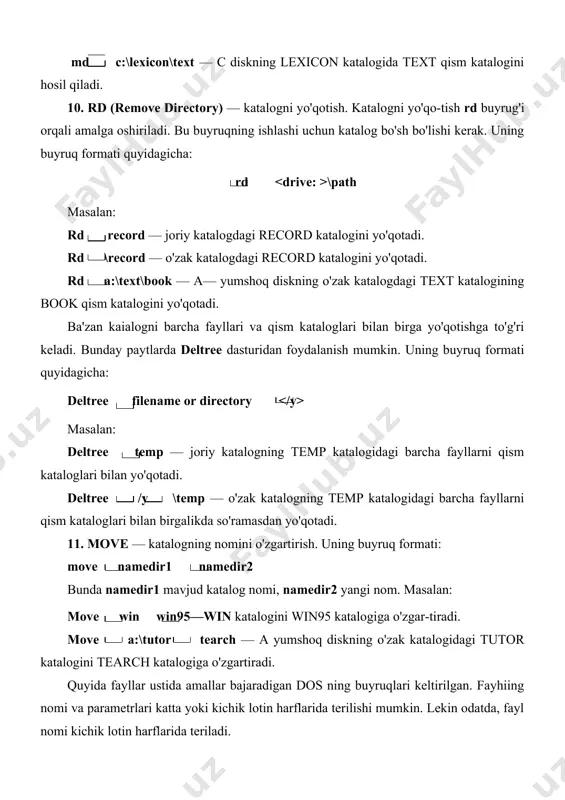 ylning nomi. bu buyruqdan keyin ma'lumotlarni birin-ketin kirita boshlaymiz. matn tugagach, f6 va [enter] yoki ctrl+z tugmalarni bosamiz. natijada fayl saqlanganligi haqida «one files copied* degan ma'lumot chiqadi. 13. copy — fayllardan nusxa olish. fayllardan nusxa olishda (* va ?) belgilaridan foydalanish mumkin. fayldan nusxa olish uchun quyidagi buyruq formatidan foydalanamiz: copy filename1 filename yoki copy filename 1+filename2+... filename bu yerda filename — hosil bo'ladigan faylning nomi, filename1, filename2,... nusxa olinadigan fayllarning nomi, + belgisi fayllarni birlashtirishni anglatadi (fayllar bir-biriga ulanadi). masalan: copy bookl+book2 volume — joriy katalogdagi book1 faylini book2 fayliga birlashtirib, birlashtirilgan faylni volume deb nomlaydi. agar volume nomi yozilmasa, u holda bookl faylini book2 fayliga birlashtirib, natijaviy faylni book2 deb nomlaydi. copy tourist resting — joriy katalogdagi tourist faylidan shu katalogga resting nomi bilan nusxa oladi. copy c:\nc\nc.exe a:\dos — c diskning o'zak katalogidagi nc katalogining nc.exe faylidan a yumshoq diskning o'zak katalo​gidagi dos katalogiga shu nom …