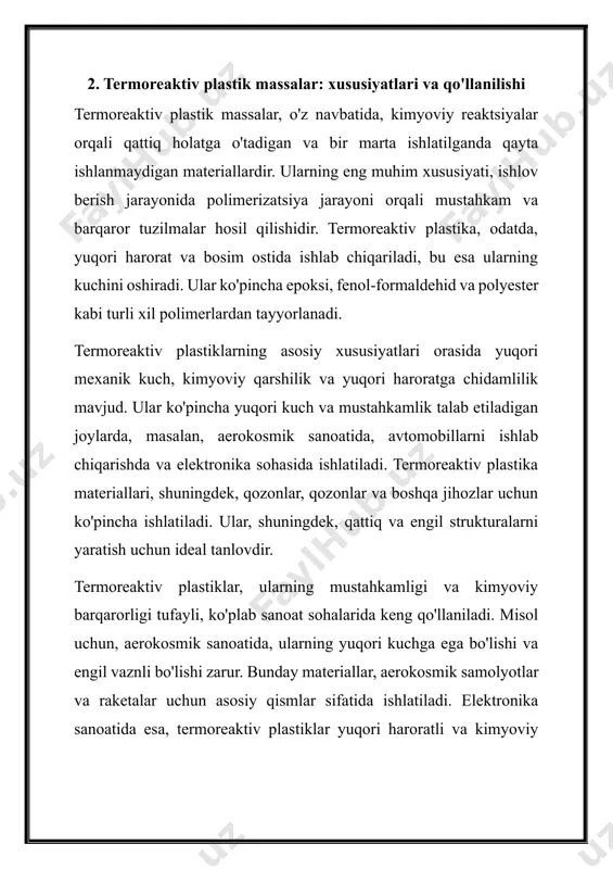 qiqotda termoplastik va termoreaktiv plastik massalar haqida batafsil tahlil qilindi. termoplastik massalar yuqori haroratlarda eriydigan va qayta ishlanishi mumkin bo'lgan materiallar sifatida, ko'plab sohalarda keng qo'llaniladi. ularning asosiy afzalliklari, yuqori kuch, elastiklik va qayta ishlanish qobiliyatidir. bunga misol sifatida polietilen va polipropilen kabi materiallar keltirilishi mumkin. ular avtomobil, tibbiyot va elektronika sohalarida keng qo'llanilmoqda, bu esa ularning ekologik jihatdan qulayligini ko'rsatadi. boshqa tomondan, termoreaktiv plastik massalar, bir marta ishlov berilgandan so'ng, qayta ishlanmaydigan materiallar sifatida, yuqori mexanik kuch va kimyoviy barqarorlikka ega. ular ko'proq murakkab ishlab chiqarish jarayonlariga ega bo'lib, aerokosmik sanoat va yuqori haroratli muhitlarda ishlov berish uchun ideal tanlovdir. ularning afzalliklari va kamchiliklari haqida ko'plab tadqiqotlar o'tkazilishi zarur, chunki bu sohalarda innovatsiyalar yaratish imkoniyatlari mavjud. termoplastik va termoreaktiv plastiklar o'rtasidagi farqlar, ularning qo'llanilishida muhim rol o'ynaydi. termoplastiklar ko'proq qadoqlash va iste'molchi mahsulotlari uchun ishlatilsa, termoreaktiv plastiklar sanoat va texnik ilovalarda keng qo'llaniladi. ularning mexanik va kimyoviy xususiyatlari, shuningdek, …
