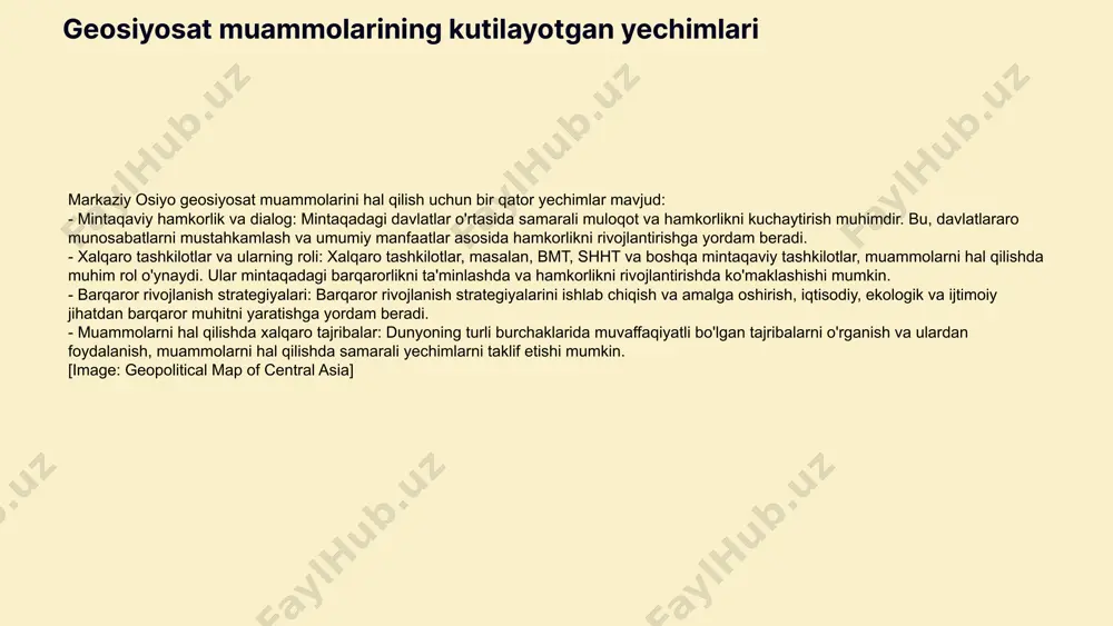 *tahdidlar:** mintaqaviy konfliktlar va global iqtisodiy o'zgarishlar. ushbu tahlil yordamida kelajakdagi muammolarni aniqlash va ularni hal qilishda mintaqa davlatlari o'rtasidagi hamkorlikni kuchaytirish zarurati ko'rsatiladi. xulosa 1. markaziy osiyo geosiyosatining asosiy muammolari: - mintaqaviy nizolar: qonli ziddiyatlar va mintaqa ichidagi siyosiy beqarorlik. - raqobat: geosiyosiy kuchlar o'rtasidagi raqobat va uning oqibatlari. - siyosiy barqarorlik: mintaqadagi davlatlarning ichki va tashqi siyosiy barqarorligi. 2. rivojlanish imkoniyatlari: - iqtisodiy integratsiya: mintaqaviy iqtisodiy hamkorlik va savdo aloqalari. - energiya resurslari: gaz va neft kabi tabiiy resurslar rivojlantirish imkoniyatlari. - transport va tranzit: mintaqaviy transport yo'nalishlarining kengayishi. 3. kutilayotgan yechimlar: - mintaqaviy hamkorlik: davlatlar o'rtasida muloqot va hamkorlikni kuchaytirish. - xalqaro tashkilotlar roli: bmt, shht va boshqa tashkilotlarning mintaqaviy barqarorlikka hissasi. - barqaror rivojlanish strategiyalari: uzluksiz rivojlanish va ijtimoiy-iqtisodiy barqarorlik uchun strategiyalar. 4. globallashuv ta'siri: - ijobiy tomonlar: iqtisodiy o'sish va yangi bozorlarga kirish. - salbiy tomonlar: ijtimoiy-iqtisodiy tengsizlik va mahalliy sanoatga ta'siri. 5. geosiyosiy raqobat …