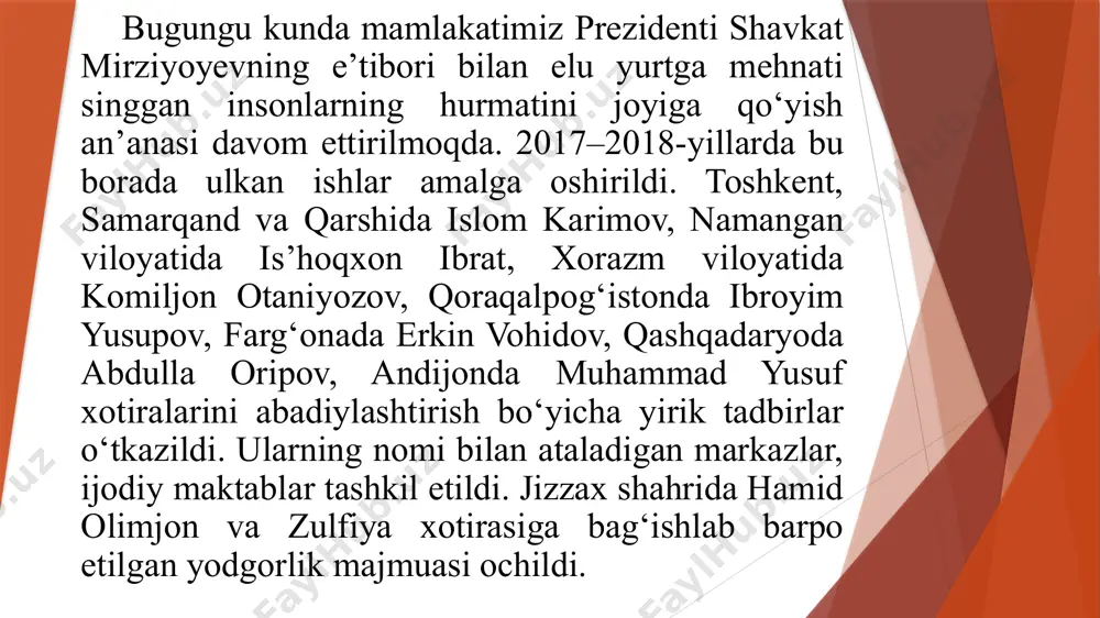 ton respublikasi prezidentining 2017-yil 25-yanvardagi “o‘zbekiston respublikasining birinchi prezidenti islom abdug‘aniyevich karimovning xotirasini abadiylashtirish to‘g‘risida”gi qaroriga ko‘ra, islom karimov haykallari o‘zbekiston poytaxti toshkent shahriga, islom karimov tug‘ilib o‘sgan samarqand shahriga va islom karimov birinchi rahbar bo‘lib ishlagan qashqadaryo viloyatining qarshi shahriga o‘rnatildi. bundan tashqari, samarqand shahrida islom karimov dafn etilgan hududda yodgorlik majmuasi barpo etildi. mustaqillik yillarida o’tkazilgan yubileylar  1997-yil – xiva va buxoro shaharlarining 2500 yillik yubileyi nishonlandi.  2002-yil – termiz shahrining 2500 yillik yubileyi nishonlandi.  2002-yil – shahrisabz shahrining 2700 yilligi nishonlandi.  2003 yil – nukus shahrining 70 yilligi nishonlandi va shahar “do‘stlik” ordeni bilan mukofotlandi.  2006-yil – qarshi shahrining 2700 yilligi nishonlandi.  2006-yil – xorazm ma’mun akademiyasining 1000 yilligi nishonlandi.  2007-yil – samarqand shahrining 2750 yillik yubileyi o‘tkazildi.  2007-yil – marg‘ilon shahrining 2000 yillik yubileyi o‘tkazildi.  2009-yil – o‘zbekiston respublikasi poytaxti toshkent shahrining 2200 yilligiga bag‘ishlangan tantanali marosim …