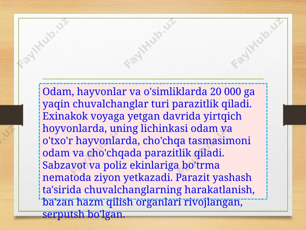 jasi urg'ochisi urug'langandan kegin orqa chiqaruv teshigi yaqinida yashay boshlaydi. kechasi orqa chiqaruv teshigi atrofidagi teriga tuxum qo'yadi. gijjaning tuxumlari iflos qo'l orqali yana ichakka tushib qolsa, qaytadan rivpjlana boshlaydi rishta ularni suvdagi juda mayda qisqichbaqasimonlar dan sikloplar yutib yuboyubo. odam yoki hayvon siklopli suv ichganda rishtning lichinkasi ularga o'tadi. odam tanasida lichinka bir yilda voyaga yetadi se se chivini image5.png image6.png image7.jpeg image8.jpeg image9.jpeg image10.jpeg image11.jpeg image12.jpeg image13.jpeg image14.jpeg image15.jpeg image16.jpeg image17.jpeg image18.jpeg image19.jpeg image20.jpeg image21.jpeg image22.jpeg image23.jpeg image24.jpeg image25.png image26.jpeg image27.jpeg image28.png image29.jpeg image30.jpeg image31.jpeg image3.png image4.png