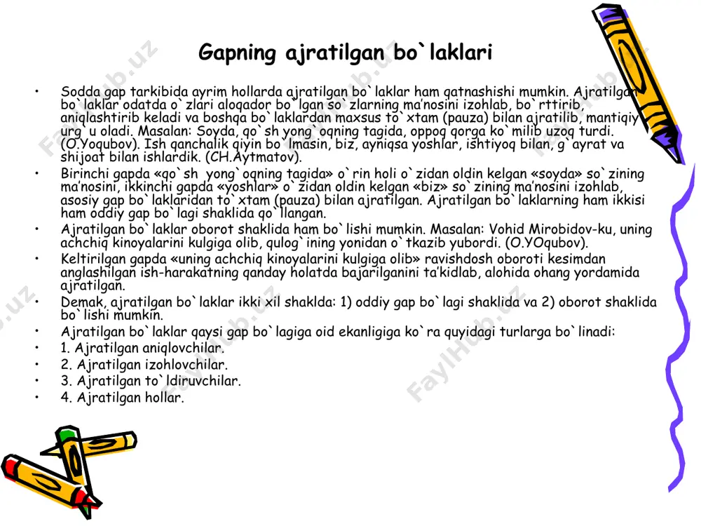 i – polkovnik tomonidan yozilgan xat ekan. (h.nazir). ana shu sanoqli kishilar orasida operatsiyaning harbiy jihatini – etkazib berishni ta’minlagan kapitan ham bor edi. (a.chakovskiy). ajratilgan bo`laklarda tinish belgilarining ishlatilishi ajratilgan bo`laklarda tinish belgilari quyidagicha ishlatiladi: 1. ajratilgan bo`laklar, odatda, vergul bilan ajratiladi. masalan: biz, tibbiyot xodimlari, xalqqa jon-dildan xizmat qilamiz. (s.soliev). 2. ajratilgan bo`laklarning tarkibi keng bo`lsa yoki uning ichida verguli bo`lsa, bunday ajratilgan bo`laklar tire bilan ajratiladi. masalan: kotiba qiz – ulfatoy o`rta bo`yli, oq yuzli, yonoqlari loladay, qop-qora qosh-ko`zli ayol – choynakda choy ko`tarib kirdi... (s.soliev). ajratilgan hol ajratilgan hollar shakllari jihatdan ikki xil bo`ladi: i. oborot shaklidagi ajratilgan hollar. ii. oddiy gap bo`lagi shaklidagi ajratilgan hollar. oborot shaklidagi ajratilgan hollar o`z navbatida uchga bo`linadi: 1. ravishdosh oboroti shaklidagi ajratilgan hollar. 2. o`xshatish oboroti shaklidagi ajratilgan hollar. 3. ko`makchili qurilma oboroti shaklidagi ajratilgan hollar. ravishdosh oboroti shaklidagi ajratilgan hollar. ravishdosh o`ziga oid so`zlar bilan kengayib keladi va …