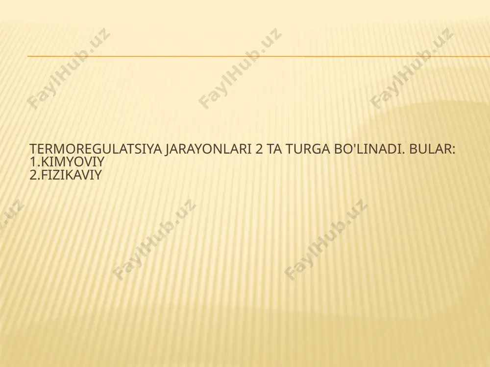 harorati 37°s yoki bir muncha yuqori boigan issiq binolarda yoki issiq mamlakatlarda issiqlik faqat tcrni bugiantirish yoii bilan sarf qilinadi. ayni vaqtda odam kun bo‘yi 4,5 1 gacha ter chiqaradi, shu bilan 2400-2800 kkal yo‘qotiladi. termoregulyasiyaning asab va gumoral boshqarilishi sovuqni qabul qiladigan teri retseptorlarining miqdori odamda 250 000 gacha, issiqlik qabul qiladigan retseptorlaming miqdori esa 30 000 ga yaqin. teri termoretseptorlari havo haroratining o ‘zgarishiga juda sezgir bo‘lib, ular harorat 0,007°c oshganda va 0,012°c pasayganda qo‘zg‘aladi. termoretseptorlarga hosil bo‘ladigan asab impulslari afferent asab tolalari orqali orqa miyaga boradi. undan yuqoriga boruvchi yo‘llar orqali talamusga, undan gipotalamus va bosh miya yarim sharlar po‘stlog‘iga yetib boradi. natijada issiqlik va sovuqlik hissi paydo bo‘ladi. orqa miya faqat asab impulslami termoreseptorlardan bosh miyaga yetkazib beradigan o ‘tkazuvchan bo‘lib qolmay, balki pastga tushuvchi yo‘llar orqali asab impulslami bosh miyadan mushaklarga, tomirlarga, ter bezlariga yetkazib beradigan tizim ham bo‘lib xizmat qiladi. biroq, tana haroratini bir …