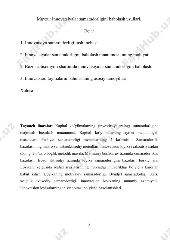i variantni tanlash masalasi tug'ilsa; innovatsion loyihaning yakuniy bosqichida uning samaradorligini tahlil qilish uchun amalga oshirish uchun qabul qilingan. oxirgi holat eng sodda va tushunarli, shuning uchun amalga oshirilgan innovatsiyalar samaradorligini tahlil qilish rejalashtirilgan va haqiqiy ko'rsatkichlarni taqqoslash orqali amalga oshiriladi. agar loyiha o'z maqsadlariga to'liq erishilsa va miqdoriy iqtisodiy ko'rsatkichlar rejalashtirilgan ko'rsatkichlarga muvofiq bo'lsa, loyiha samarali deb hisoblanadi. innovatsiyalarning dastlabki bosqichida innovatsion loyihalarni tanlash va saralash mezonlari tizimini aniqlash ancha murakkabroq. zamonaviy innovatsion menejment nazariyasi va amaliyotida innovatsiyalar samaradorligini baholash uchun yagona tushuncha mavjud emas. buning sababi innovatsion loyihalar va investitsiya loyihalari o'rtasidagi tub farq bo'lib, ular uchun rentabellikka asoslangan yagona qabul qilingan baholash tizimi ishlab chiqilgan. birinchidan, ko'plab yangiliklarning rentabelligi kechiktirilgan strategik xususiyatga ega. masalan, kompaniyaning tashkiliy tuzilmasini o'zgartirish, sotib olish va qo'shilish, xodimlarni boshqarishning yangi usullarini joriy etish, yangi sifat menejmenti tizimlariga o'tish va hokazo kabi boshqaruv innovatsiyalari investitsiyalar davri bilan bog'liq katta vaqt oralig'ida o'z samarasini …