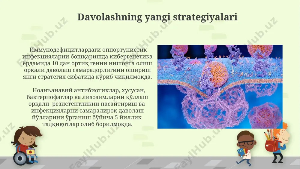 omida yuqori dozalarda qo'llaniladi. opportunistik patogenlarning xususiyatlari opportunistik patogenlar tez ko'payadi va yuqori darajada adaptatsiya qilish qobiliyatiga ega, shuning uchun ular turli xil antibiotiklar va antifungal preparatlarga chidamlilikni tez rivojlantirishi mumkin, bu esa davolashni qiyinlashtiradi. ularning bir qismi, masalan, bakteriyalar, zamburug'lar yoki viruslar, odam tanasining normal mikrobiotasining bir qismi bo'lib, immunitet pasayganda faollashadi va 20% dan ortiq immunodefitsitli bemorlarda infektsiyalarni keltirib chiqaradi. antivirus preparatlarining ta'siri va mexanizmi ba'zi antiviral preparatlar virus dnk yoki rnkni to'g'ridan-to'g'ri inhibe qiladi, masalan, nukleotid analoglari virus replikatsiyasini 90% ga kamaytirishi mumkin. interferonlar kabi antiviral vositalar, xujayra ichidagi signalizatsiya yo'llarini faollashtirib, virus replikatsiyasini bostiradi va 70% gacha samaradorlik ko'rsatadi. immunomodulyatorlarning roli immunomodulyatorlar, masalan, interferon-γ kabi sitokinlar, cd4+ t-hujayralarining faolligini 20-30% ga oshirib, opportunistik infektsiyalarga qarshi himoyani kuchaytiradi. ba'zi immunomodulyatorlar, masalan, antiretroviral terapiya (art) preparatlari, virus replikatsiyasini 90% gacha kamaytirib, immun tizimining tiklanishiga yordam beradi va opportunistik infektsiyalar xavfini pasaytiradi. kelajakdagi tadqiqot yo'nalishlari immunodefitsiensiya turlarining 50 dan …