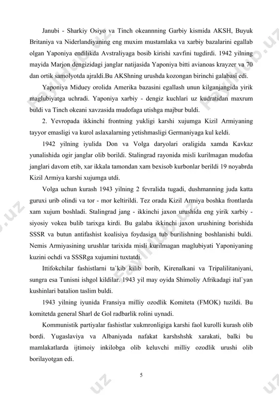 ngliya shartnomasi imzolandi. 1942 yil may - iyun oylarida vashingtonda sovet - amerika muzokaralari bulib, bu muzokaralarda 11 iyunda bitim imzolash bilan yakunlandi. 1942 yilning 8 noyabrida ittifokchilar fransiya marakashga va jazoirga yirik kurolli kuchlarni tushirdilar. janubi - sharkiy osiyo va tinch okeannning garbiy kismida aksh, buyuk britaniya va niderlandiyaning eng muxim mustamlaka va xarbiy bazalarini egallab olgan yaponiya endilikda avstraliyaga bosib kirishi xavfini tugdirdi. 1942 yilning mayida marjon dengizidagi janglar natijasida yaponiya bitti avianoas krayzer va 70 dan ortik samolyotda ajraldi.bu akshning urushda kozongan birinchi galabasi edi. yaponiya miduey orolida amerika bazasini egallash unun kilganjangida yirik maglubiyatga uchradi. yaponiya xarbiy - dengiz kuchlari uz kudratidan maxrum buldi va tinch okeani xavzasida mudofaga utishga majbur buldi. 2. yevropada ikkinchi frontning yukligi karshi xujumga kizil armiyaning tayyor emasligi va kurol aslaxalarning yetishmasligi germaniyaga kul keldi. 1942 yilning iyulida don va volga daryolari oraligida xamda kavkaz yunalishida ogir janglar olib borildi. stalingrad …
