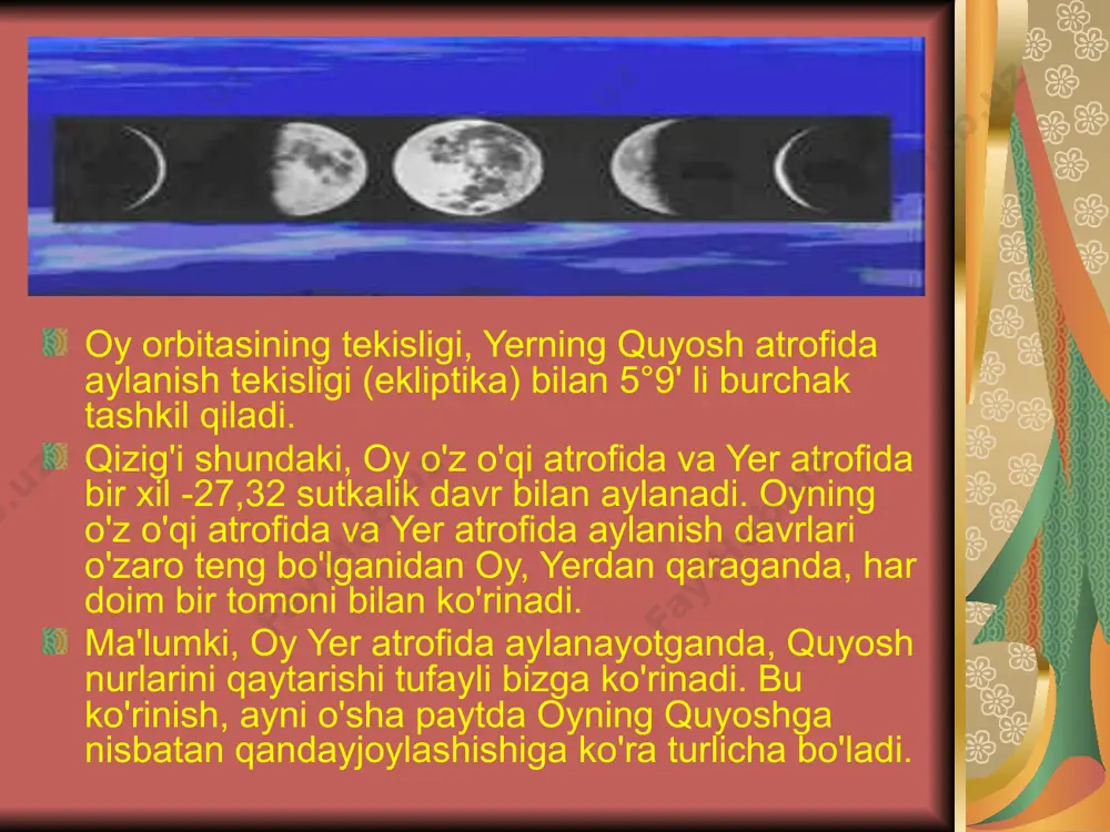 ari (oy tugunlari deb ataladigan nuqtalar) yaqinidan o'tayot-gandagina kuzatiladi. bunday hoi taxminan har yarim yilda kuzatilgani uchun ham, tutilishlar shunday davr bilan qaytariladi. bunday hodisa oy tutilishi deyiladi. agar bunda oy yerning soyasi ichidan o'tsa, uni to'la tutilish; bordi-yu yarimsoyaning ichidan o'tsa, u holda uni yarimsoyali tutilish deyiladi. oy tutilayotganda, u har doim to'linoy fazasida bo'ladi. yerning ma'lum bir joyida quyosh tutilishiga nisbatan oy tutilishlari ko'proq kuzatiladi. chunki quyosh tutilishlari yerning oy soyasi tushgan va uncha katta bo'lmagan maydonidagina kuzatiladi. oy tutilishi esa yerning quyoshga qarama-qarshi yarim sharining hamma qismida bir vaqtda ko'rinadi. oyning to'la tutilishi paytida (ya'ni u yer soyasiga butunlay kirganda), oy ko'zdan butunlay g'oyib bo'lmay, to'q qizil rangda jilolanadi. buning sababi, bu paytda yer atmosferasida sochilgan va singan quyosh nurlari bilan oyning yoritilishidir. bunda yer atmosferasi ko'k va havorang nurlarini kuchli yutib va keskin sochib yuborib, oy tomonga asosan qizil nurlarni sindirib o'tkazadi va oy aynan shu …