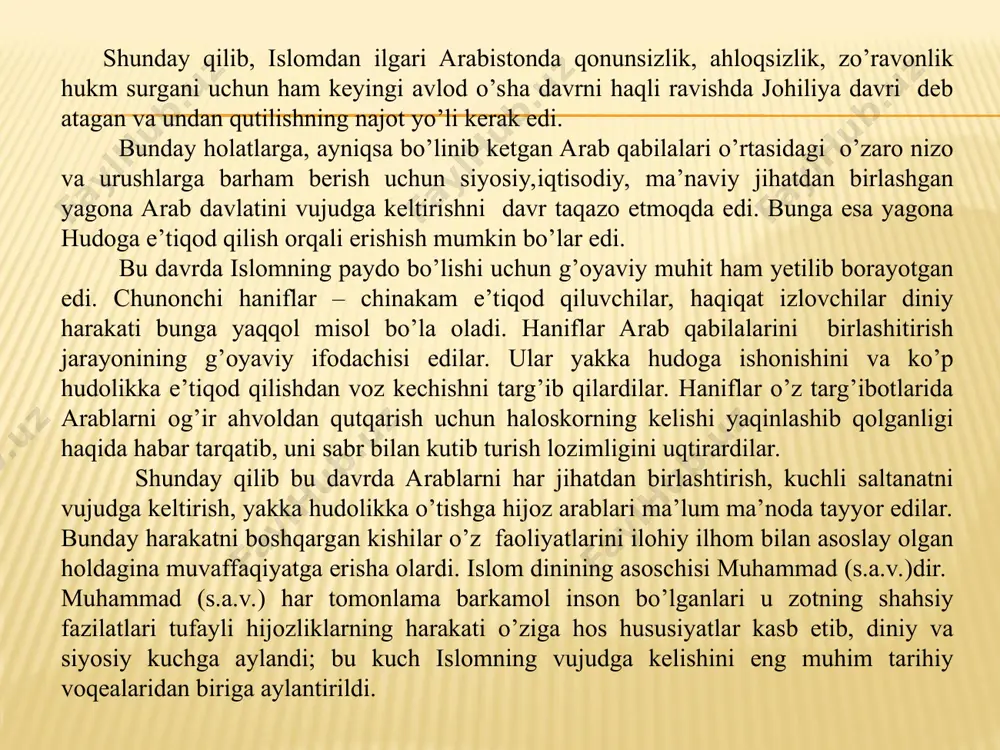 rish va olloh ko’rsatgan to’g’ri yo’lga chaqirishga da’vat etadi. muhammad(s.a.v.) makkaliklarni but va sanamlarga sig’inishdan qutqarish va yagona olloh e’tiqodiga olib kirish uchun 3 yil yashirin ravishda harakat qildi. bu davrda islom diniga kirganlar 30 kishini tashkil etdi xolos. birinchi bo’lib bibi hadicha , keyin amakivachchasining o’gli haydar y’ani ali, asrandi o’g’li zayd ibn horis islomga kirdi. so’ng abu bakr, az-zubayr, talha, sa’d ibn abu vaqqos, abd ar rahmon ibn avf, usmon ibn affon va boshqalar islomni qabul qildilar. shu tariqa makkaliklar ikkiga ajralishdi. bular ollohning yakkaligiga ishonganlar- mo’min-musulmonlar va ishonmaganlar – mushriklar edi. mushriklar ollohni yakka deb e’tirof etmay, uning sheriklari bor, y’ani hudolar ko’p deb , turli sanam, tosh va hakazolarga, ko’plab hudolarga sig’inishdilar. mushriklar 23 yil davomida muhammad(s.a.v.) targ’ibotlariga tish-tirnoqlari bilan qarshi chiqdilar. ular hatto muhammad payg’ambarni jismonan yo’q qilmoq payiga tushganlar. 619 yilda avval amakisi abu tolib, keyin hotini hadicha vafotidan so’ng mushriklar payg’ambarga qarshi kurashni …