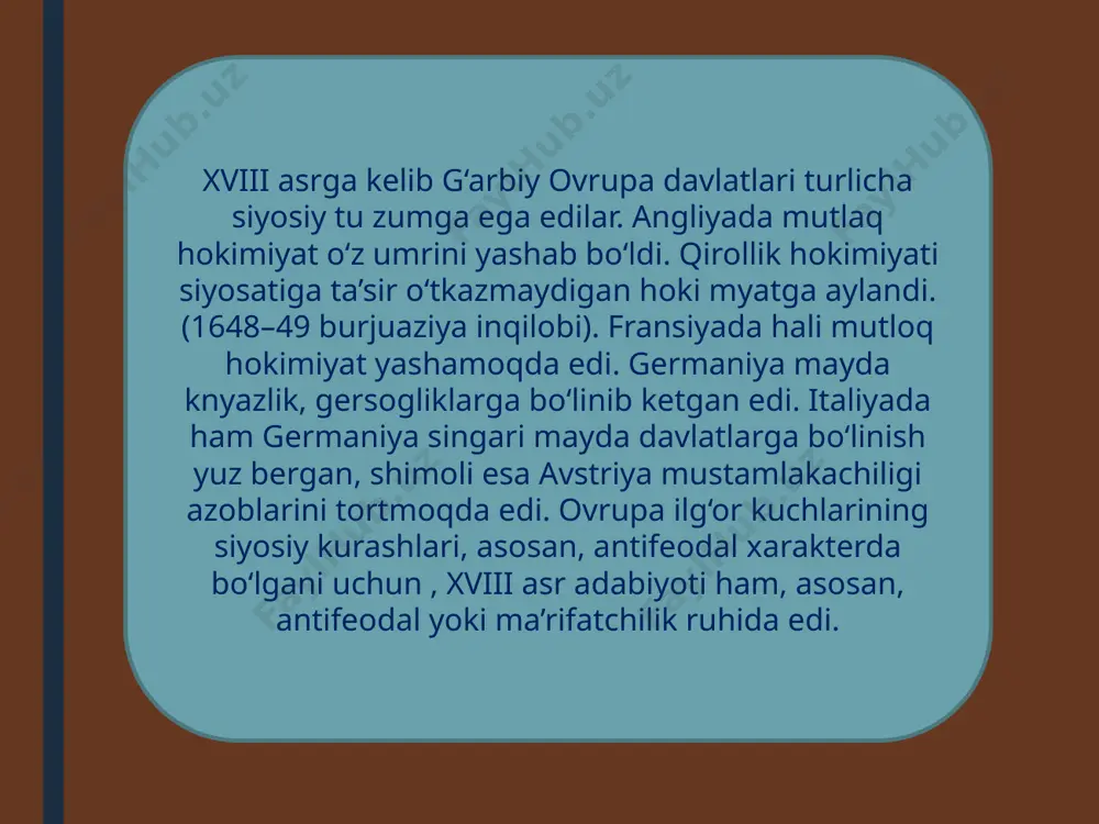 an. (tomas mor ”utopiya”, komponella “quyosh shahri”) svift ironik tarzda hikoya qilish ustasi. agar u “olijanob”, “har narsaga qodir” deb tasvirlasa, demak, buning aksi bo‘lib chiqadi. xviii asr fransuz ma’rifatchilik adabiyoti. xviii asrda fran siyada ma’rifatchilik xarakati keng quloch yozdi. fransiya jahonga ma’rifatchilik adabiyotining tipik namunalarini berdi. butun asr davomida angliya va fransiya o‘rtasida dengiz va quruqlikda bi rinchilik uchun kurash bordi. asr boshida fransiya amerikadagi bir qancha koloniyalardan ajraldi. yetti yillik urush (1756–1763) dan so‘ng kanada, hindistondagi koloniyalar angliya ixtiyoriga o‘tdi. volter-badiiy so‘z ustasi. barcha ma’rifatchilar singari inson on giga, aql-zakovatiga san’at orqali ta’sir ko‘rsatishni bosh vazifa deb bildi. klassitsistlar estetikasiga qarshi chiqqan volter rasin va ko rnel ijodiga yuksak baho beradi. shekspirni fransiyadagi birinchi targ‘ibotchisiga aylanadi. «shekspir buyuk daho, ammo u qo‘pol, dag‘al asrda yashadi va uning pyesalarida ana shu dag‘alliklar ta’sirini ko‘rish mumkin» degan fikrni bildirgan. volter ijodi ko‘p qirrali bo‘lib, (epik, falsafiy dostonlar, odalar, satira, she’riy …