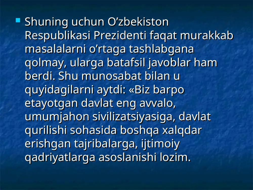 jjat ahamiyatini aniq ta’riflab berdi. o’zbekiston respublikasi konstitutsiyasining asosiy ahamiyati shundan iboratki, u dunyoning siyosiy xaritasida yangi suveren davlat paydo bo’lganligini qonuniy mustahkamladi. oliy majlisning oltinchi sessiyasida so’zlagan nutqida i.karimov buni alohida ta’kidladi: «1992 yil dekabrida o’zbekiston respublikasi konstitutsiyasining qabul qilinishi mamlakatimiz hayotida ulkan siyosiy voqea bo’ldi. hech bir dashtat o’zining asosiy qonunida davlat va jamiyat qurilishining tamoyillarini, fuqarolarning huquq va erkinliklarini, jamiyat taraqqiyotining iqtisodiy asoslari va strategik yo’nalishlarini mustahdamlamasdan turib, haqiqiy suveren davlat bo’la olmaydi. bizning o’zbekiston respublikasi konstitutsiyasi eng demokratik, xalqaro miqyosda e’tirof etilgan me’yor va talablarga javob beradi, deyish uchun to’la asoslarimiz bor». suverenitetning o’zi nima va unga nima uchun bunday katta ahamiyat beriladi? agar suverenitet haqida umuman gapiradigan bo’lsak, uni shunday ta’riflash mumkin: «suverenitet - davlatning o’zi mustaqil ravishda, chetdan hech kimning aralashuvisiz o’zining ichki va tashqi siyosatini belgilay olishini ko’rsatuvchi, xvi asrdayoq ovrupoda milliy mustaqil davlatlarning tashkil topish davrlarida tarkib topgan tushunchadir». davlat suvereniteti: * …