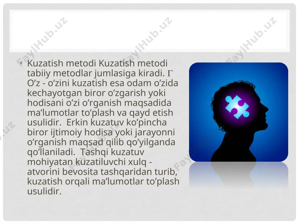 ng odamlar talab - ehtiyojiga kanchalik mosligini aniq tahlil qilishdan boshlanadi. test metodi testlar oxirgi paytda hayotimizga dadil kirib kelgan tekshiruv usullari sirasiga kiradi. ular yordamida biror o’rganilayotgan hodisa xususida ham sifat, ham mikdor xarakteristiqalarini olish, ularni ko’pchilikda qayta - qayta sinash va ma’lumotlarni korrelyasion analiz orqali ishonchlilikka tekshirish mumkin bo’ladi. ayni testga qo’yilgan talab hyech qachon o’zgarmaydi, hattoki, shunday testlar borki, ular turli millat va elat vakillarida, turli davrlarda ham o’zgarmagan xolda ishlatilaveradi. masalan, ravenning aqliy intellektni ulchash, kettelning va ayzenkning shaxs testlari shular jumlasidandir.  test - so’rov oldindan qat’iy tarzda qabul qilingan savollarga beriladigan javoblarni taqozo etadi eksperiment metodi - ko’pincha odamlar psixikasini chuqurroq, aniqroq tadqiq qilish metodlari ichida eng muhimi hisoblanadi. eksperiment metodi yordamida sun’iy tushunchalarni shakllantirish, nutq o’sishini tekshirish, favquloddagi holatdan chiqish, muammoli vaziyatni hal qilish, bilish jarayonlari, shaxsning his tuyg’ulari, xarakteri va tipologik xususiyatlari o’rganiladi.230 laboratoriya metodi yordami bilan diqqatning sifatlari, sezgi, idrok, xotira …