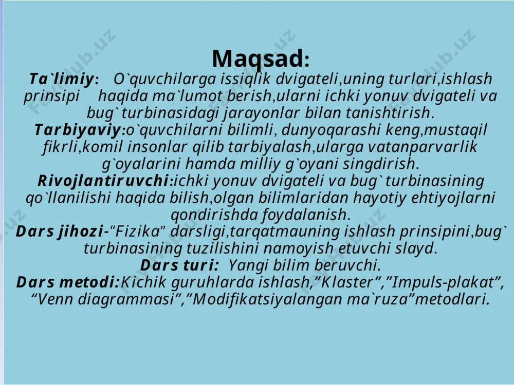lanitrib beruvchi mashina birinchi yengil dvigatelni 1860-yilda belgiyalik muhandis etenn lenuar ixtiro qildi. ichki yonuv dvigateli benzin bilan ishlaydigan birinchi dvigatel 1885- yilda nemis muxandisi gotlib daymler tomonidan yaratilgan. ichki yonuv dvigatellari silindr porshen tirsakli val shatun svecha klapan ichki yonuv dvigateli 4 ta taktdan iborat: 1. so’rish; 2.siqish; 3.ishchi yo’l; 4.chiqarish. і takt. so`rish. 1klapan ochiladi. 2 klapan yopiq. pastga tomon harakatlanuvchi porshen silindir ichiga yonuvchi aralashmani so`rib oladi. іі takt. siqish. har ikkala klapan yopiq. yuqoriga tomon harakatlangan porshen yonuvchi aralashmani siqadi. aralashma siqilganda qiziydi. ііі takt. ishchi yo`li. har ikkala klapan yopiq. porshen yuqori holatda bo`lganda aralashma elektr uchquni 4 vositasida yoqiladi. natijada bosimi 3-6 mpa, temperaturasi 1600-22000c bo`lgan qizigan gaz hosil bo`ladi. gaz bosimi porshenni pastga siljitadi. porshen harakati tirsakli valni aylantiradi. . іѵ takt. chiqarish. 2 klapanochiladi. 1 klapan yopiq. poshen yuqoriga harakatlanadi. yonish mahsulotlari ochiq klapandan atmosferaga chiqib ketadi 12 ichki yonuv dvigateli 1876- …