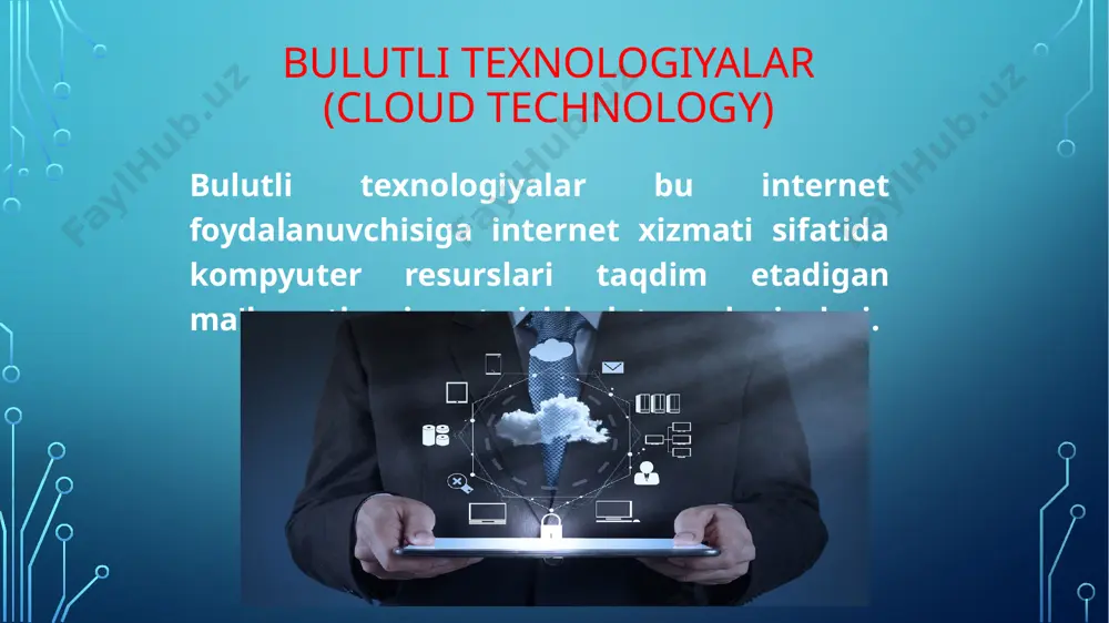 gina bo‘g‘inning, ya’ni, bulutli texnologiyaning yaratilmaganligi edi. dasturiy ta’minot sifatida dastur bulut infratuzilmasida ishlaydigan iste’molchi-provayder ilovalariga taqdim etiladi. platform xizmat sifatida platform xizmat sifatida iste’molchiga provayder tomonidan qo’llab-quvvatlanadigan asboblar va dasturlash tillari yordamida ishlab chiqilgan xaridorlar tomonidan yaratilgan yoki foydalanishi infratuzilma xizmat sifatida iste'molchi axborot uzatish, saqlash, tarmoqlar va boshqa asosiy hisoblash resurslari bilan ta'minlangan bo'lib, iste'molchi operatsion tizimlar va ilovalarni o'z ichiga olgan o'zboshimchalik bilan dasturiy ta'minotni ishlatishi va ishlatishi . bulutli xizmat ko'rsatish modeli modelning tavsifii modelning maqsadi iaas server, tarmoq, saqlash manbalari ushbu model platformalarni moslashuvchan va tezkor ravishda qayta konfiguratsiya qilishga imkon beradi. amalga oshirilgan misol - amazonpaas boshqarish interfeysidan bulutli xizmat paas iaas-ni ilovalardan boshqarish interfeysi model sizga bulutni amaliy tizimlardan boshqarish imkonini beradi. amalga oshirilgan misol - googledrive server saas tashqi iaas-bulutdan xizmat sifatida dasturiy ta'minotni sotish modeli model sizga dasturiy ta'minotni joriy qilish va xizmat ko'rsatish xarajatlarini kamaytirish imkonini beradi. bulutli texnologiyalarning afzalliklari …
