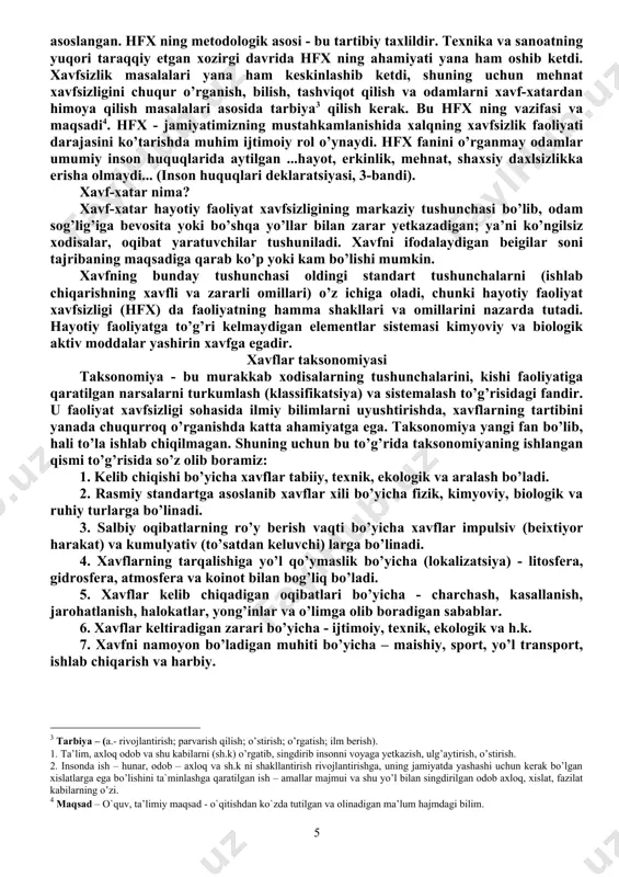 ri va foydasini solishtirish asosida xavflardan himoya qilish. 3. paydo bo’lishi mumkin bo’lgan salbiy (xavfning qoldiq deformatsiyasidan kelib chiqqan) xavflarni yo’qotish. hfx masalalari bilan qadim zamonlardan beri ko’p ulug’ allomalar shug’ullanib kelishgan. masalan, gippokrat eramizdan avvalgi 460-377 yillar, aristotel eramizdan avvalgi 384-322 yillar, nemis tabibi, olimi va muhandisi agrikola 1494-1555 y. mehnat muxofazasidan risola yozgan, italyan tabibi ramatssini (1633 -1714) tozalik gigiyenasiga asos solgan. m.v. lomonosov (1711-1765) tog’ konlarida mehnat muxofazasi to’g’risida monografiya yozgan. xix asrning ikkinchi yarmidan boshlab sanoatda texnika rivojlanishi munosabati bilan,bir guruh olimlar xavfsizlik muammosi bilan shug’ullanganlar: kirpichev v.l. (1855-1913), pressaa (1857-1930), nikolskiy d.p. (1855 - 1918), levitskiy v.a. (1867-1936), skochinskiy a.a. (1874-1960), kaplun (1897-1943) va boshqalar. ulug’ o’zbek haqimi abu ali ibn sino (980-1087) o’z ishlari bilan bundan 1000 yil muqaddam gigiyena faniga asos solgan. texnosferani rivojlanishiga xavfsizlik muammosi rivojlanishiga akad. legasov v.a. o’z ilmiy ishlarini bag’ishlagan. hfx - o’z nazariya va metodologiya usullariga ega. shunga …