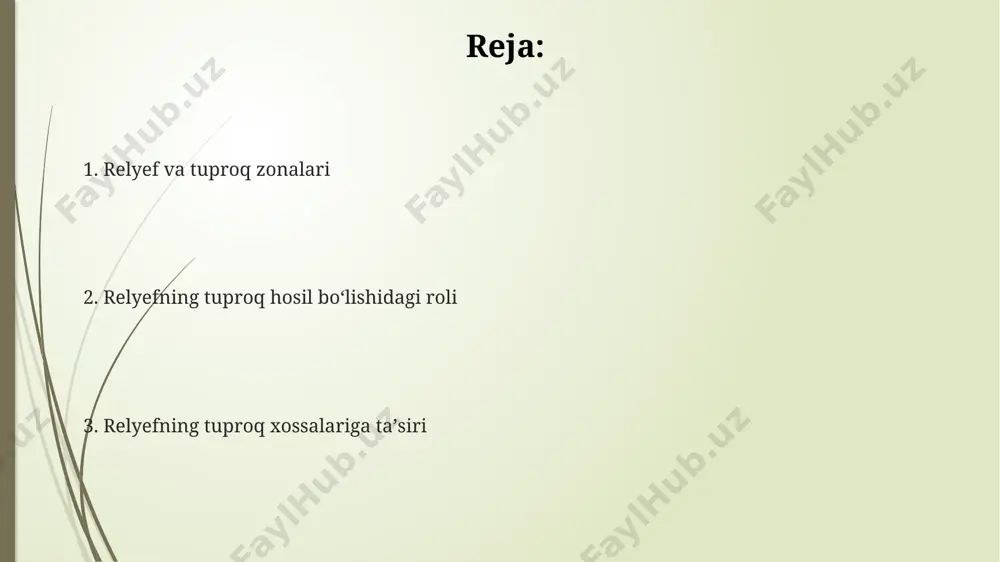 raydi va organik moddalar miqdori past bo‘ladi. daryo vodiylarida, masalan, amudaryo bo‘ylarida, alluvial tuproqlar hosil bo‘ladi, qalinligi 2 metrga yetuvchi unumdor qatlam bilan ajralib turadi, ammo suv bosishi xavfi yuqori bo‘ladi. relyefning tuproq unumdorligiga taʼsiri tekisliklarda, xususan, xorazm viloyatining choʻl zonasida, relyefning tekisligi tufayli 100 sm gacha boʻlgan qalin unumdor tuproq qatlami hosil boʻlishi mumkin, bu esa yuqori hosil olishga imkon beradi. togʻli hududlarda, masalan, fargʻona vodiysining shimolda joylashgan togʻ yon bagʻirlari boʻylab, 30-45 graduslik qiyaliklarda unumdor tuproq qatlami yupqa boʻlib, eroziyaga moyil, shuning uchun relyef unumdorlikni pasaytiradi. qirgʻizistonning janubiy mintaqalaridagi 15-25 graduslik qiyaliklarda relyefning nishabligi tuproqning suv oʻtkazuvchanligini oshirib, unumdorlikni pasaytiradi, mineral tuzlarning yuvish jarayonini tezlashtiradi. relyefning tuproq eroziyasiga taʼsiri pasttekisliklarda, masalan, qoraqalpogʻiston choʻllarida, relyefning tekisligi tufayli shamol eroziyasi ustun boʻlib, 10-15 sm chuqurlikdagi tuproq qatlamini yoʻq qilishi mumkin. togʻ etaklaridagi relyefning murakkabligi, masalan, fargʻona vodiysida, turli xil tuproq turlarining hosil boʻlishiga olib keladi, ammo shu bilan birga, 20-30% …
