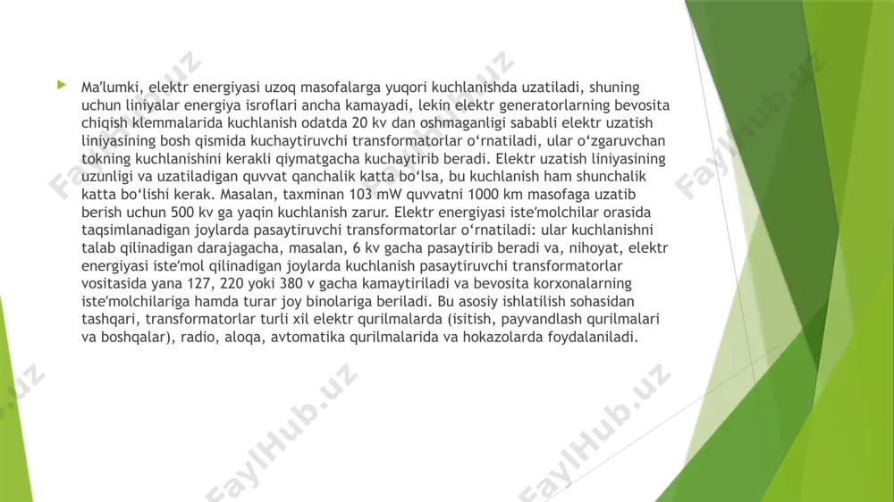ali po‘latlar keng ishllanilmoqda. transformatorlarning magnit o‘zaklaridagi induksiya asosan 1,2 - 1,5 tl, issiq holda juvalangan po‘latlar uchun 1,5-1,7 tl ni va magnit o‘zagi sovuq holda juvalangan po‘latdan tayyorlangan moyli transformatorlarda induksiya 1,0-1,5 tl tashkil etadi. image1.png image2.jpg image3.jpg image4.png image5.png image6.png