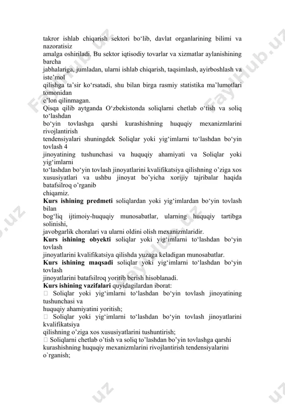 ‘imlarni to‘lashdan bo‘yin tovlash jinoyatining tushunchasi va huquqiy ahamiyatini yoritish;  soliqlar yoki yig‘imlarni to‘lashdan bo‘yin tovlash jinoyatlarini kvalifikatsiya qilishning o’ziga xos xususiyatlarini tushuntirish;  soliqlarni chetlab o’tish va soliq to’lashdan bo’yin tovlashga qarshi kurashishning huquqiy mexanizmlarini rivojlantirish tendensiyalarini o`rganish;  soliqlar va yig‘imlarni to‘lashdan bo‘yin tovlaganlik uchun javobgarlikka oid qonunchilikning sudlar tomonidan qo‘llanilishiga oid islohatlarni huquqiy tahlil qilish. kurs ishining tarkibi kirish, 2 ta bob, 4 ta paragraf, xulosa va foydalanilgan adabiyotlar ro`yxatidan iborat.5 i bob soliqlar yoki yig‘imlarni to‘lashdan bo‘yin tovlash jinoyatining nazariy asoslari 1.1. soliqlar yoki yig‘imlarni to‘lashdan bo‘yin tovlash jinoyatining tushunchasi va huquqiy ahamiyati soliqlarni chetlab o‘tish va ularni to‘lashdan bo‘yin tovlash masalalarinig tahlilidan oldin, soliq tushunchasiga e.xojiyevning bergan ta’rifini keltirib o‘tsak, “soliqlar – davlatning oliy vakillik organi tomonidan joriy etilgan, yuridik xususiyatiga ko‘ra qaytarib berilmaydigan, davlat va mahalliy organlar oldida turgan vazifa va funksiyalarni bajarilishiga qaratilgan, tegishli budjetlarda va budjetdan tashqari jamg‘armalarda jamlanadigan yuridik yuridik …