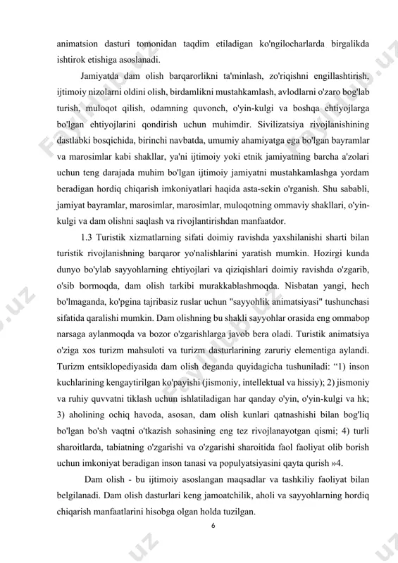 arali ta'til deb bilishadi) 5. shunday qilib, dam olish dam olishning faqat bir qismidir, chunki u dam olish deb atash mumkin bo'lgan uxlash vaqti va boshqa o'zgarmas xarajatlarni o'z ichiga olmaydi. inson faoliyatida qiziqish madaniy hordiq , ijodiy jarayon sifatida qaralishi mumkin: madaniy tadbirlarni erkin tanlash, badiiy ijod, san'atning eng yaxshi namunalari bilan tanishish, turizm, dam olishni o'z-o'zini tashkil etish va boshqalar. odamlar kasbiy, ta'lim va majburiy rivojlanish bilan bog'liq faoliyatga emas, balki zavqlanish va quvonchli taassurotlarni olishga qaratilgan faol. zamonaviy hordiq chiqarishning ko'plab xilma-xil tipologiyalari mavjud. ulardan eng ahamiyatlilari: bo'sh vaqtni faollarga bo'lish; kunlik, haftalik, ta'til, ta'til; uy va qo'shimcha; yakka tartibda va jamoaviy tashkiliy. boshqa tasniflash xususiyatlari mavjud. umumiy xarakter nuqtai nazaridan, nazariyotchilar bo'sh vaqtni vaqtinchalik makon, faoliyat, shart-sharoit va yaxlit (yaxlit) hayot tarzi sifatida tasniflashadi. kostyumli sayohatlar - bu animatsion turizmning avangard yo'nalishlaridan biri. bu m. masalan, amerika ranchosidagi sayohatlar, bu erda sayyohlar kiyim-kechak, kovboy uskunalari, ot …