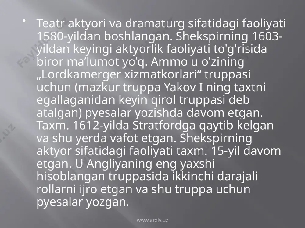 dilar, undagi insonlar taqdiri va xarakteri haqida bahslashadilar. ba’zan ular, buning siri nimada, deb o‘ylab qoladilar ham. nima uchun shekspirning pyesalari unutilmaydi, o‘lmaydi, nima uchun tomoshabinlar hali ham ularni ko‘rishni istaydilar, aktyorlar esa, bu pyesalarda rol ijro etishni orzu qiladilar? shekspir kim to‘g‘rida yozmasin: daniya shahzodasimi yoki misr malikasimi, venetsiya sarkardasimi, u hamma vaqt barcha davrlarda kishini hayajonga soladigan yuksak insoniy hissiyotlar haqida hikoya qiladi. www.arxiv.uz agar „yuliy sezar“, „hamlet“, „makbet“, „romeo va julyetta“ singari asarlarda tasvirlangan dramatik konflikt qahramonlarga o'zini bilish, o'zining ruhiy kuchini ro'yobga chiqarish imkonini bergan bo'lsa, otello, lir singari adashgan qahramonlar ongi faqat fojea ro'y berib, muqarrar halokat yaqinlashganidan keyingina nurlanib ketadi. shunga qaramay, ularning har biri va umuman shekspir asarlarining qahramonlari asosan katʼiy xarakterga ega bo'lgan, ongi va axloqiy qarashlari shakllangan, voqelikka hushyor ko'z bilan qarovchi, kuchli va mard insonlardir. www.arxiv.uz shekspir pyesalardan tashqari she’rlar – sonetlar ham yaratgan. uning besh jildli «tanlangan asarlari» o‘zbek …